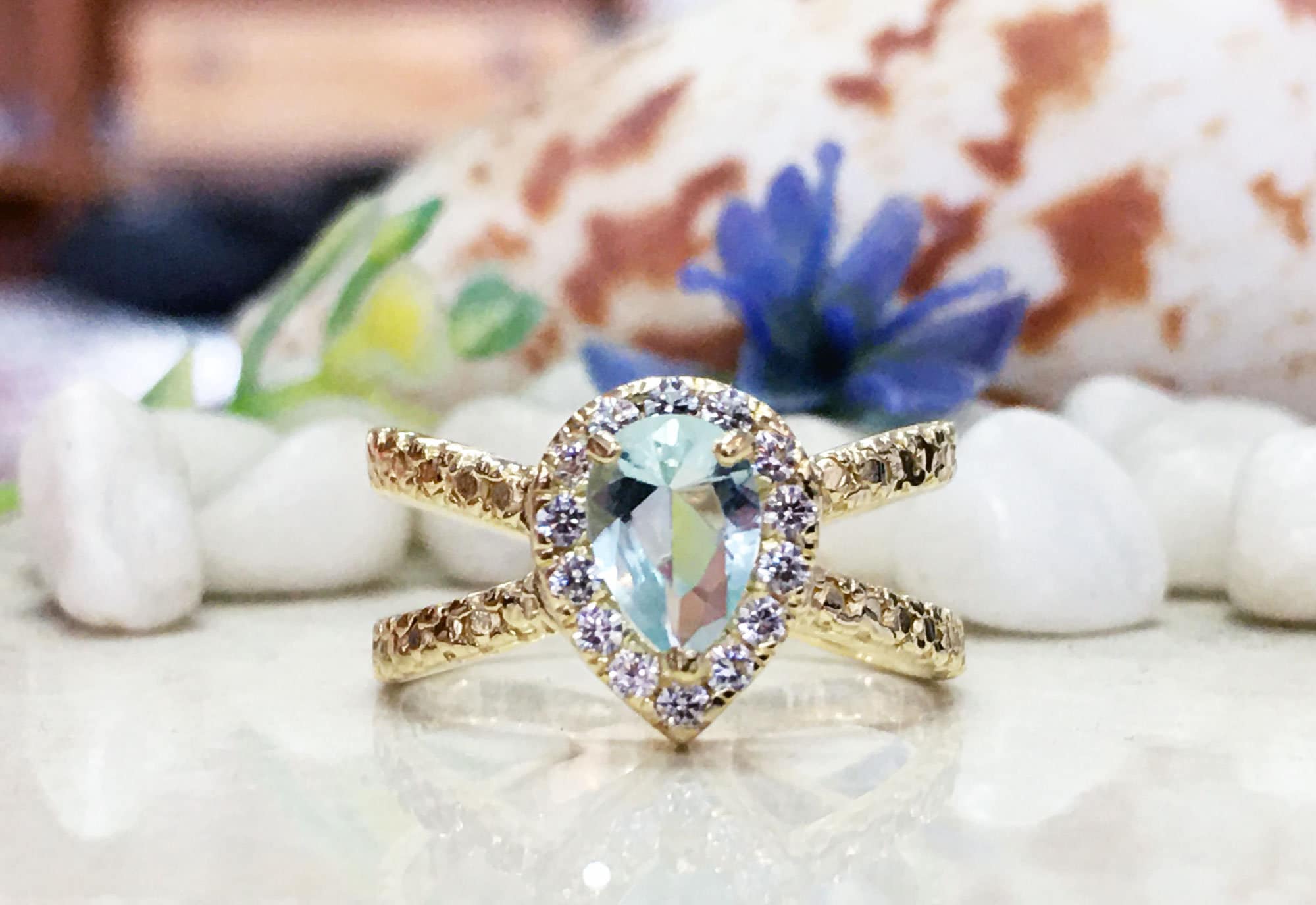 Aquamarine Ring - March Birthstone - Statement Ring with Pear-Shaped Aquamarine Gemstone and Clear Quartz Halo - H.L.Jewelry