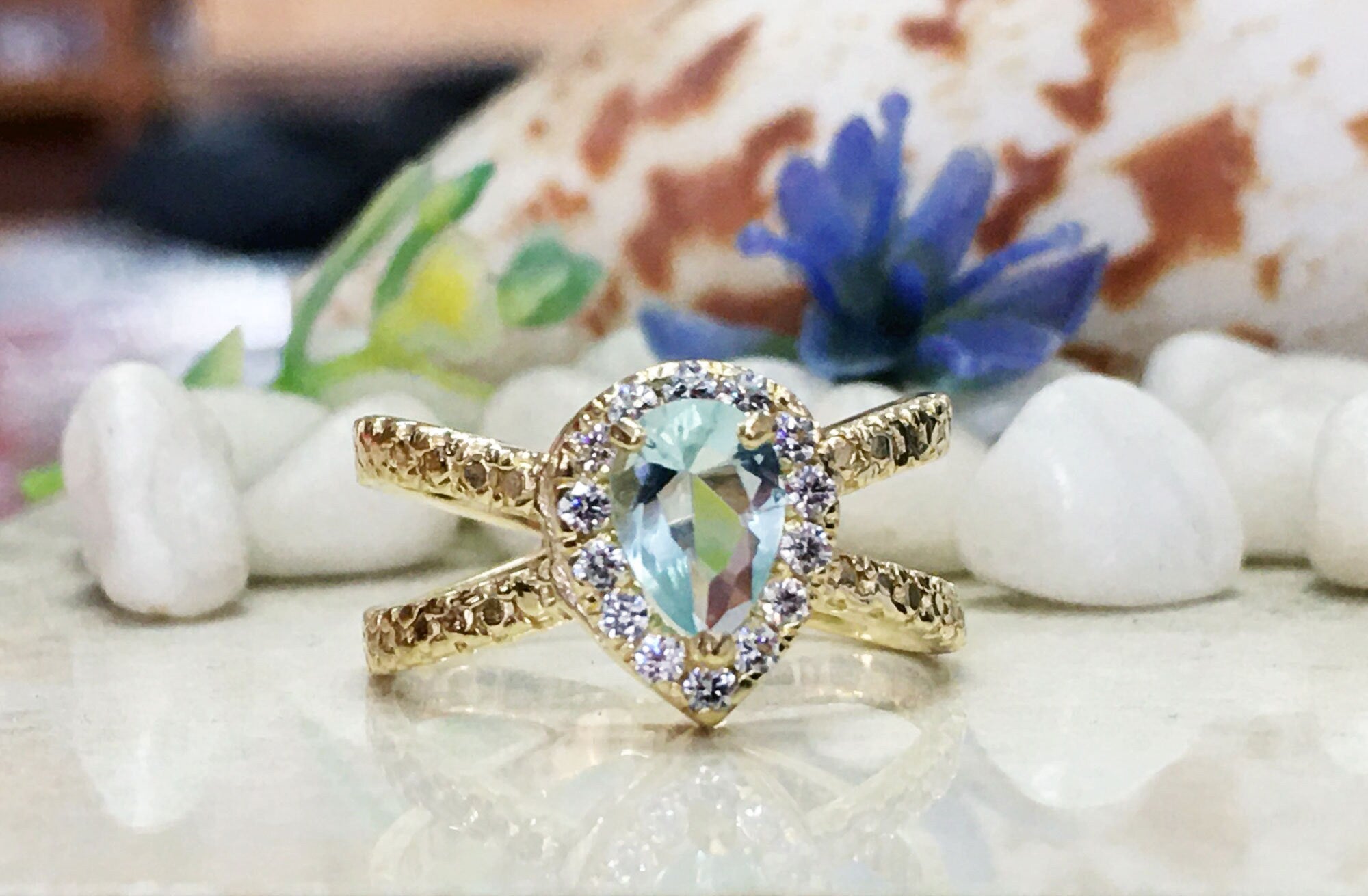 Aquamarine Ring - March Birthstone - Statement Ring with Pear-Shaped Aquamarine Gemstone and Clear Quartz Halo - H.L.Jewelry