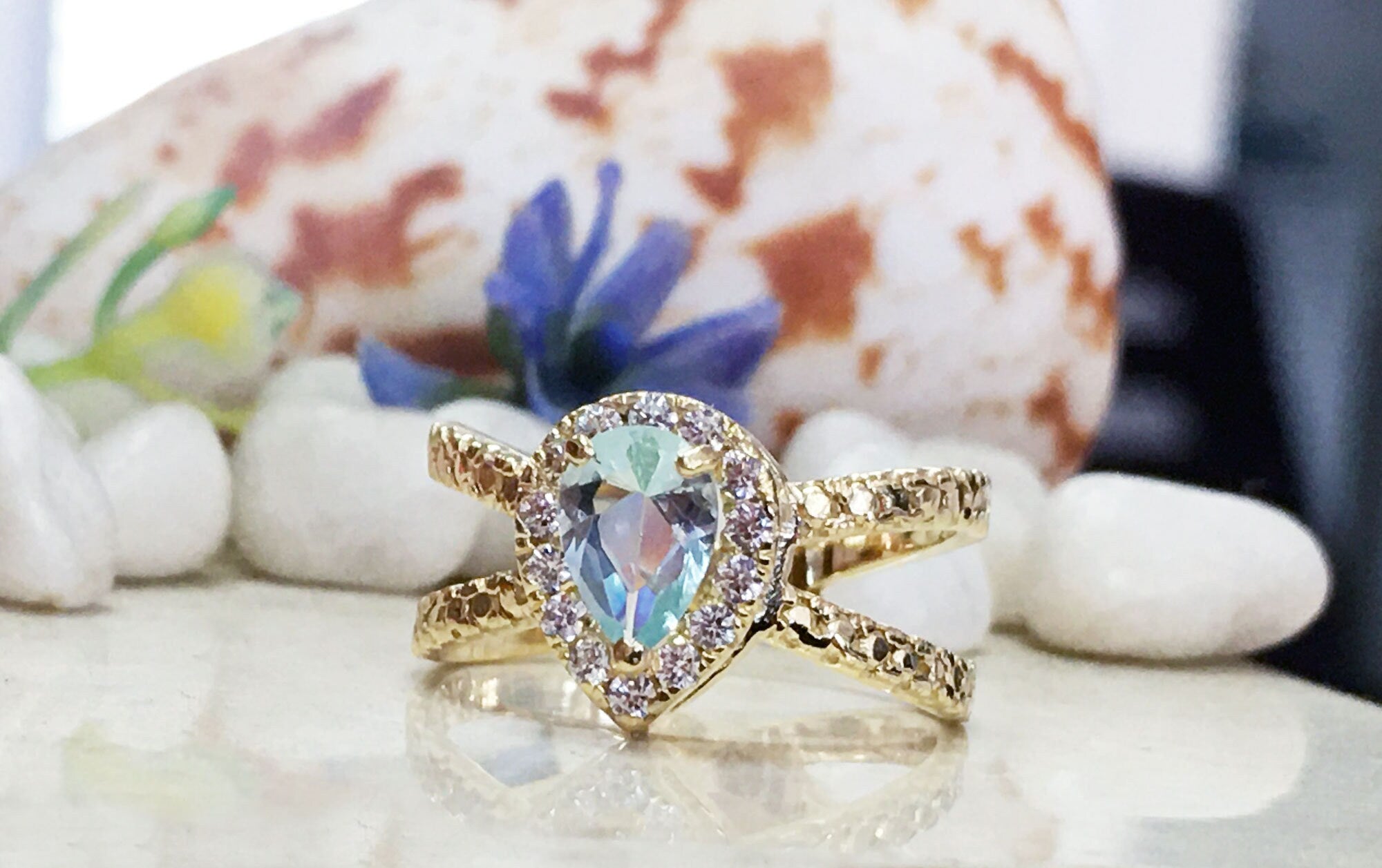 Aquamarine Ring - March Birthstone - Statement Ring with Pear-Shaped Aquamarine Gemstone and Clear Quartz Halo - H.L.Jewelry