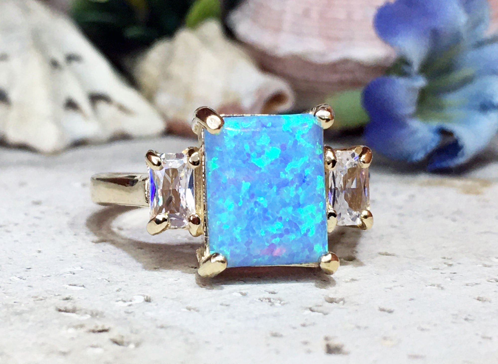 Blue Opal Ring - October Birthstone - Statement Engagement Ring with Octagon Blue Opal and Clear Quartz Accents - H.L.Jewelry