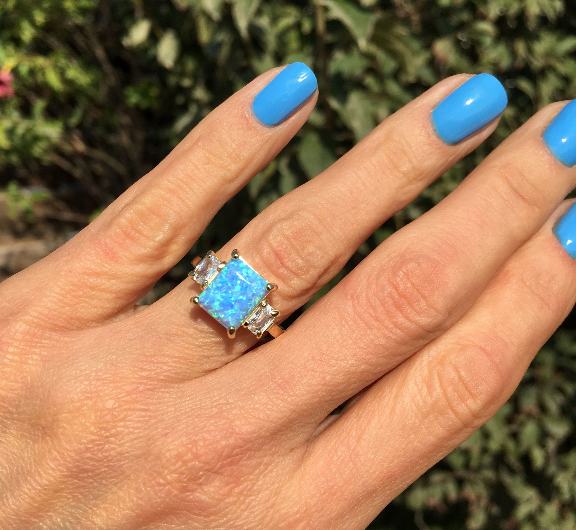 Blue Opal Ring - October Birthstone - Statement Engagement Ring with Octagon Blue Opal and Clear Quartz Accents - H.L.Jewelry