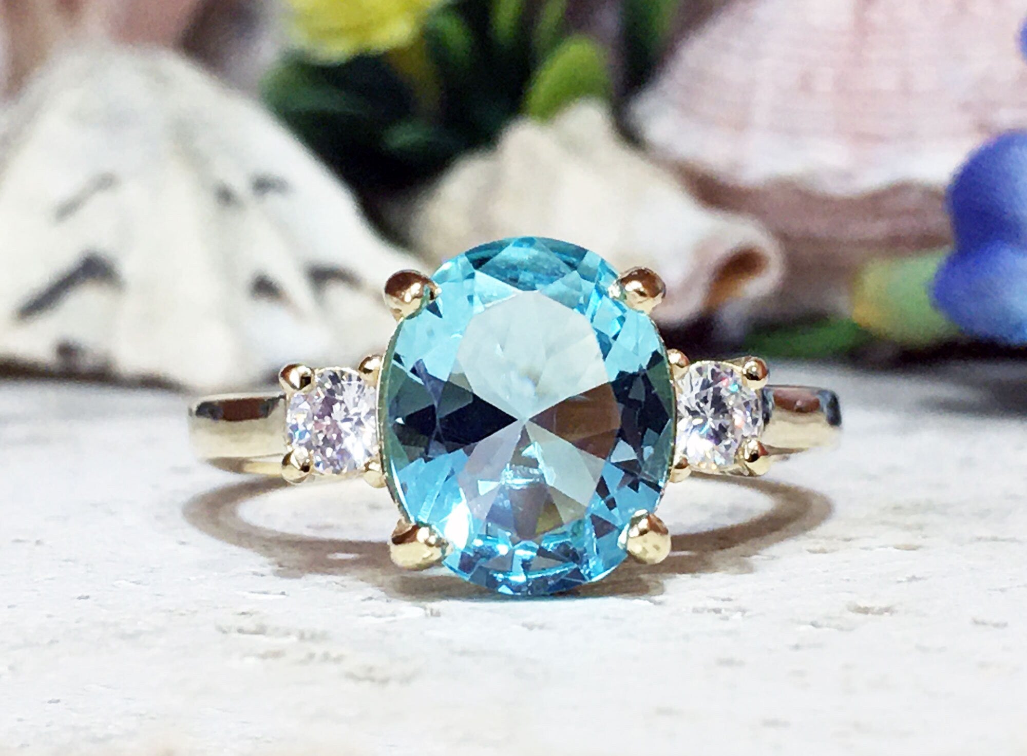 Aquamarine Ring - March Birthstone - Statement Engagement Ring with Oval Aquamarine Gemstone and Clear Quartz Accents - H.L.Jewelry