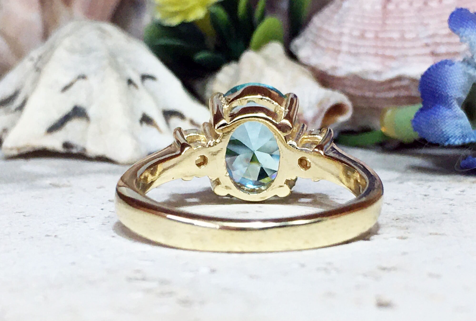 Aquamarine Ring - March Birthstone - Statement Engagement Ring with Oval Aquamarine Gemstone and Clear Quartz Accents - H.L.Jewelry