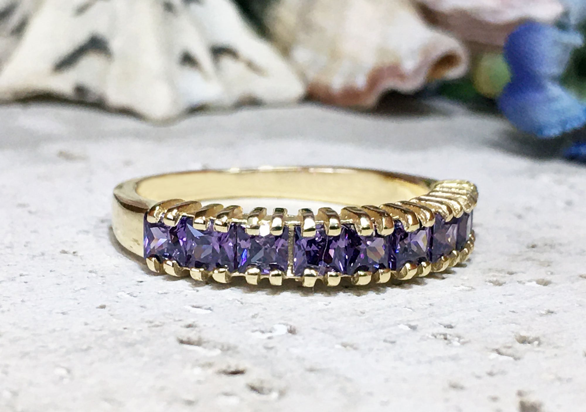 Purple Amethyst Ring - February Birthstone - Stacking Ring with Nine Square Purple Amethyst Stones - H.L.Jewelry