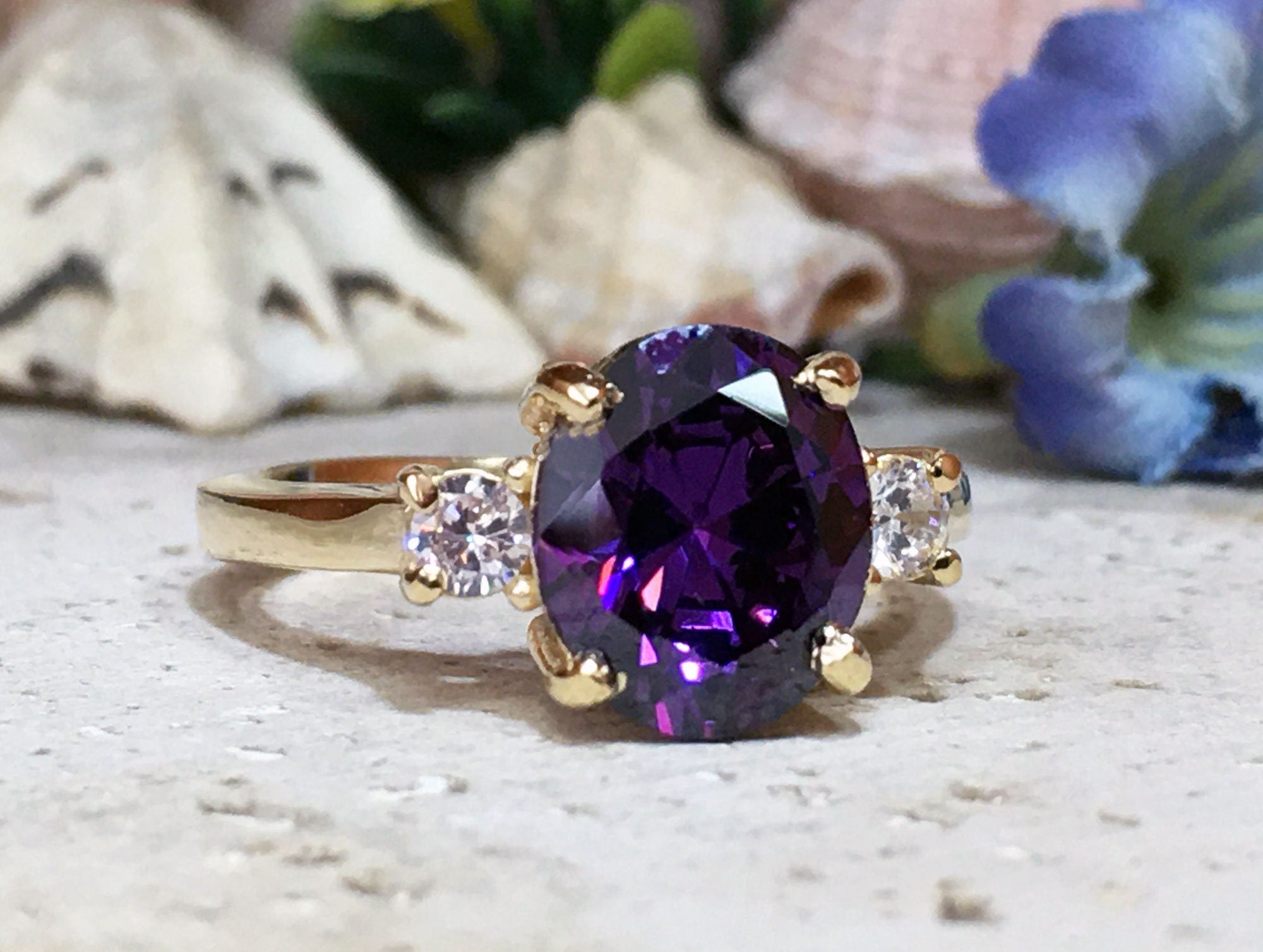 Purple Amethyst Ring - February Birthstone - Oval Purple Amethyst Gemstone Statement Engagement Ring with Clear Quartz Accents - H.L.Jewelry