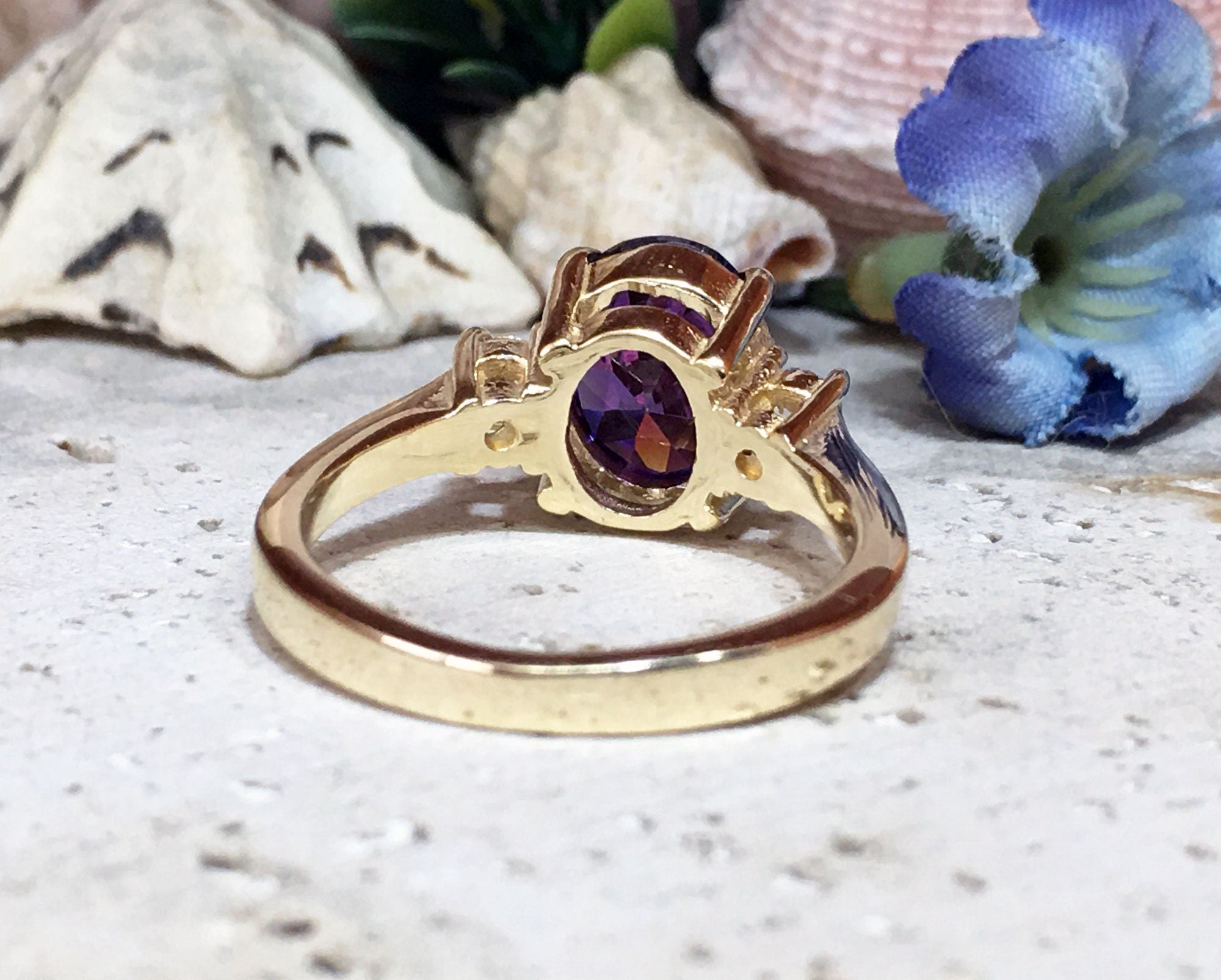 Purple Amethyst Ring - February Birthstone - Oval Purple Amethyst Gemstone Statement Engagement Ring with Clear Quartz Accents - H.L.Jewelry