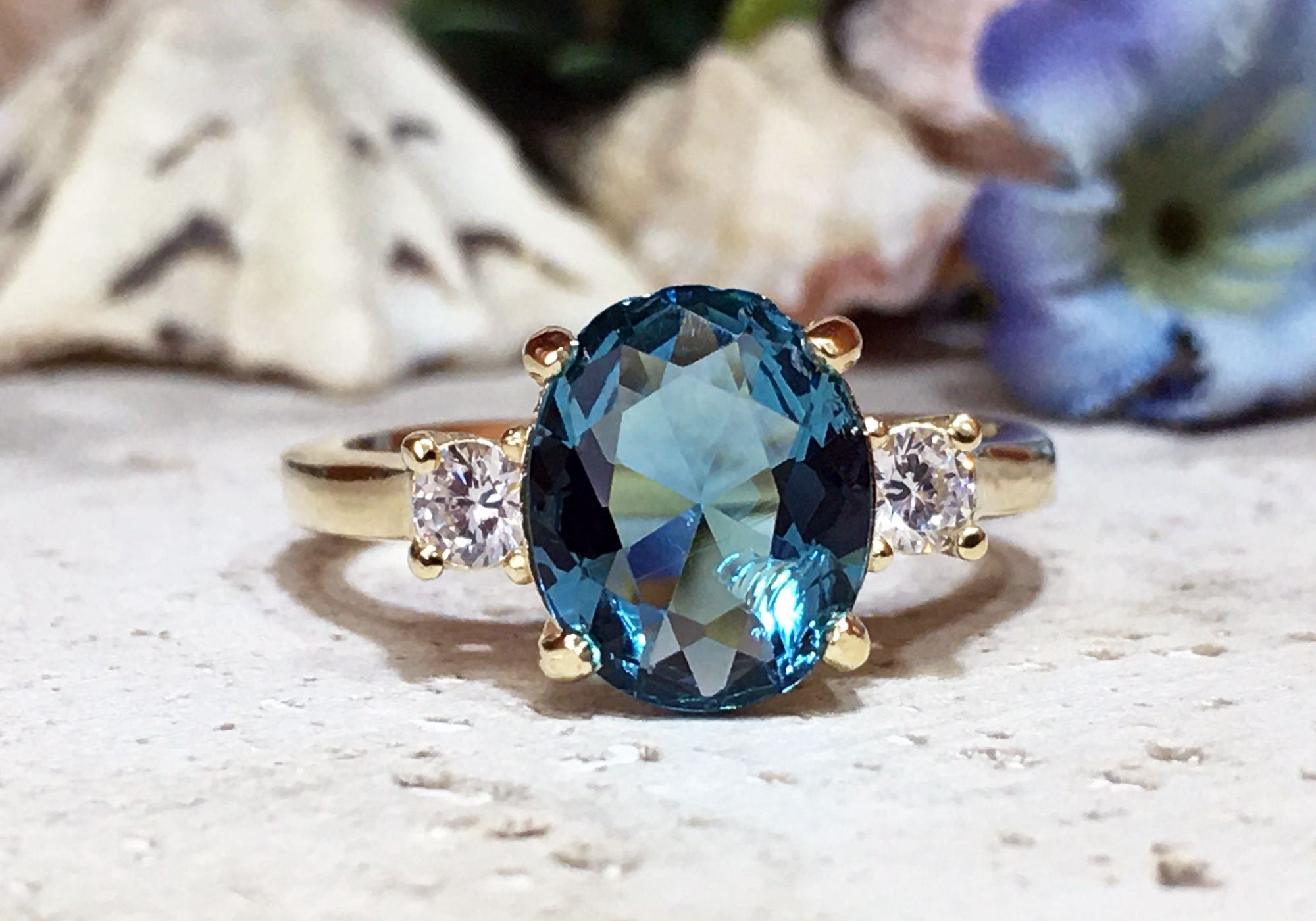 Blue Topaz Ring - December Birthstone - Oval Blue Topaz Statement Engagement Ring with Clear Quartz Accents - H.L.Jewelry