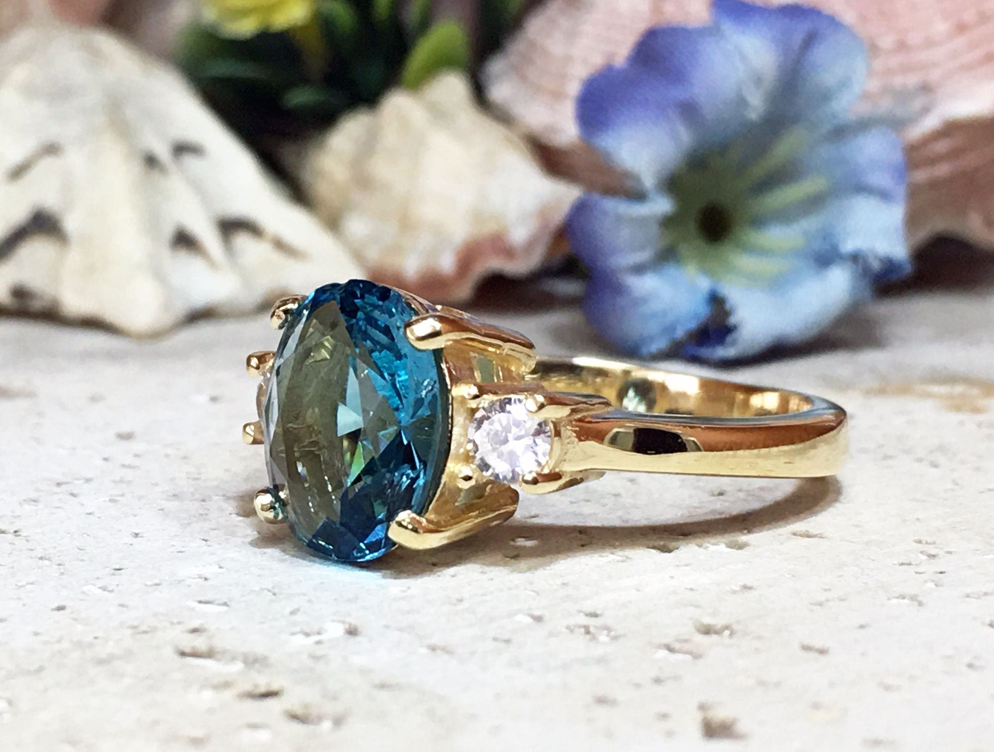 Blue Topaz Ring - December Birthstone - Oval Blue Topaz Statement Engagement Ring with Clear Quartz Accents - H.L.Jewelry