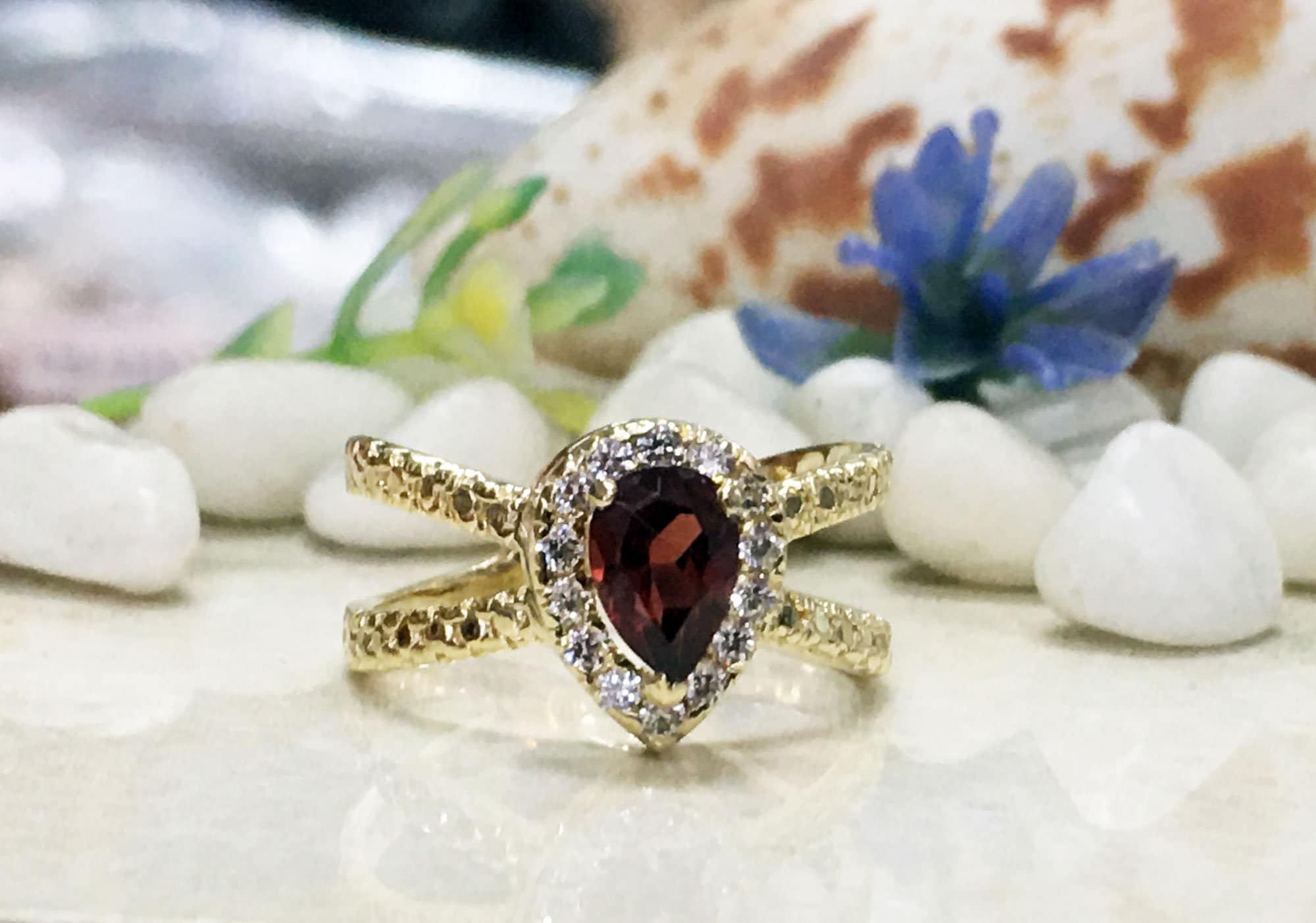 Red Garnet Ring - January Birthstone - Statement Ring - Gold Ring - Engagement Ring - Teardrop Ring - H.L.Jewelry