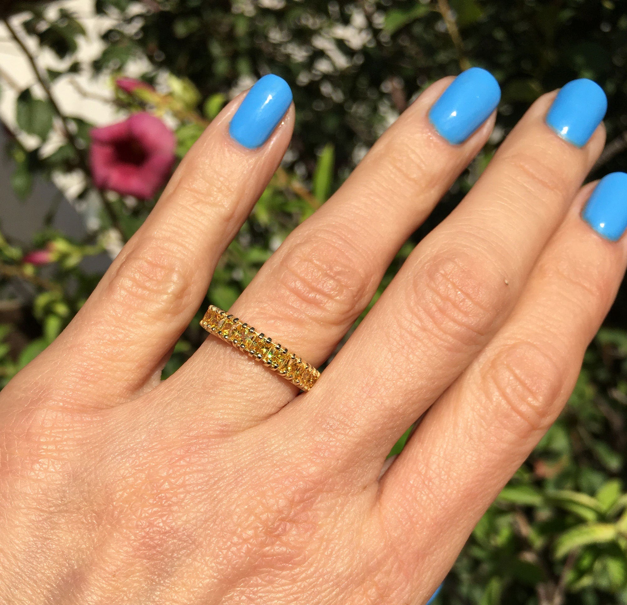 Yellow Citrine Ring - November Birthstone - Nine Yellow Citrine Gemstones Stacking Half Eternity Ring - H.L.Jewelry