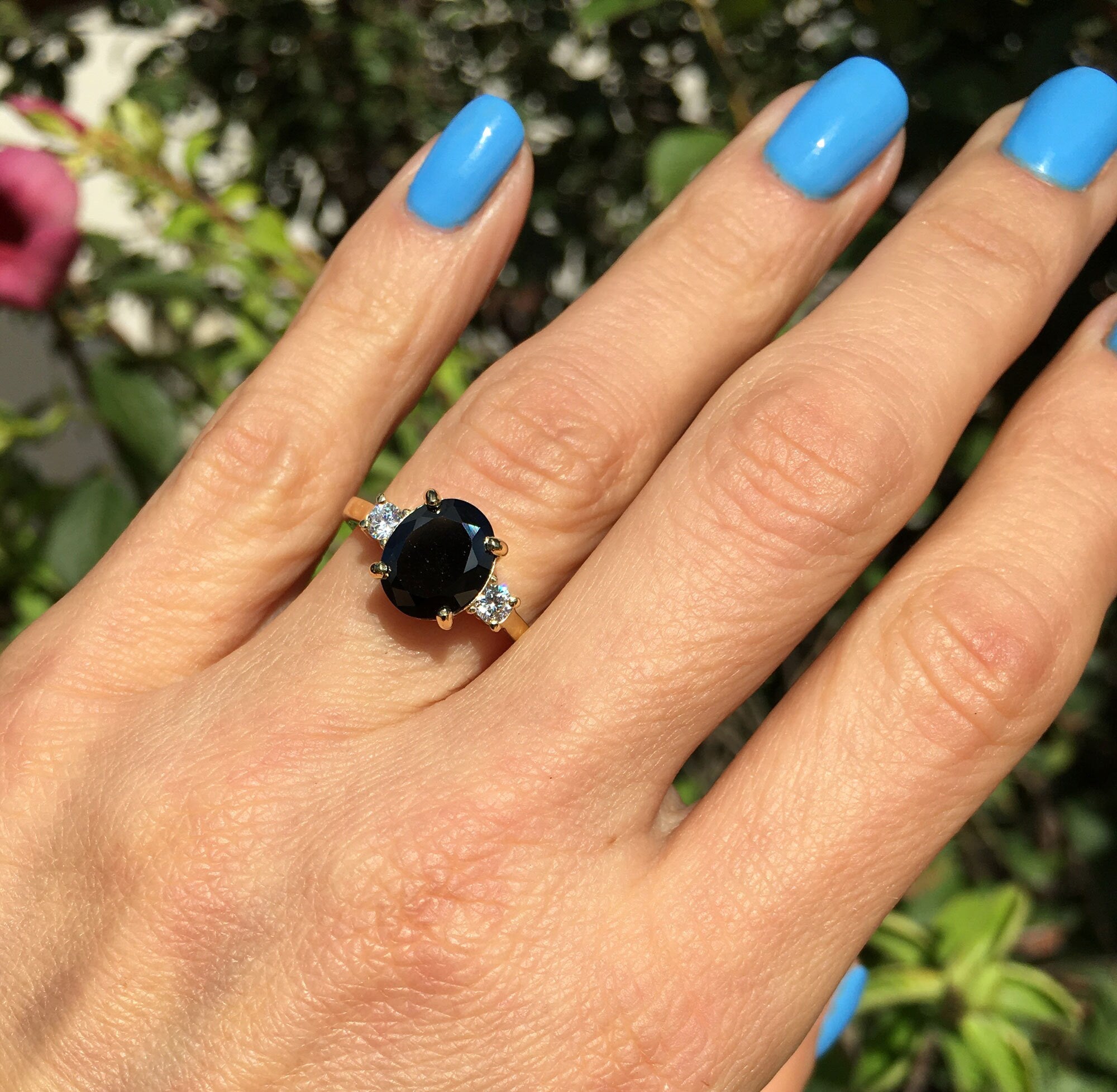 Black Onyx Ring - December Birthstone - Statement Engagement Ring with Oval Black Onyx Gemstone and Clear Quartz Accents - H.L.Jewelry