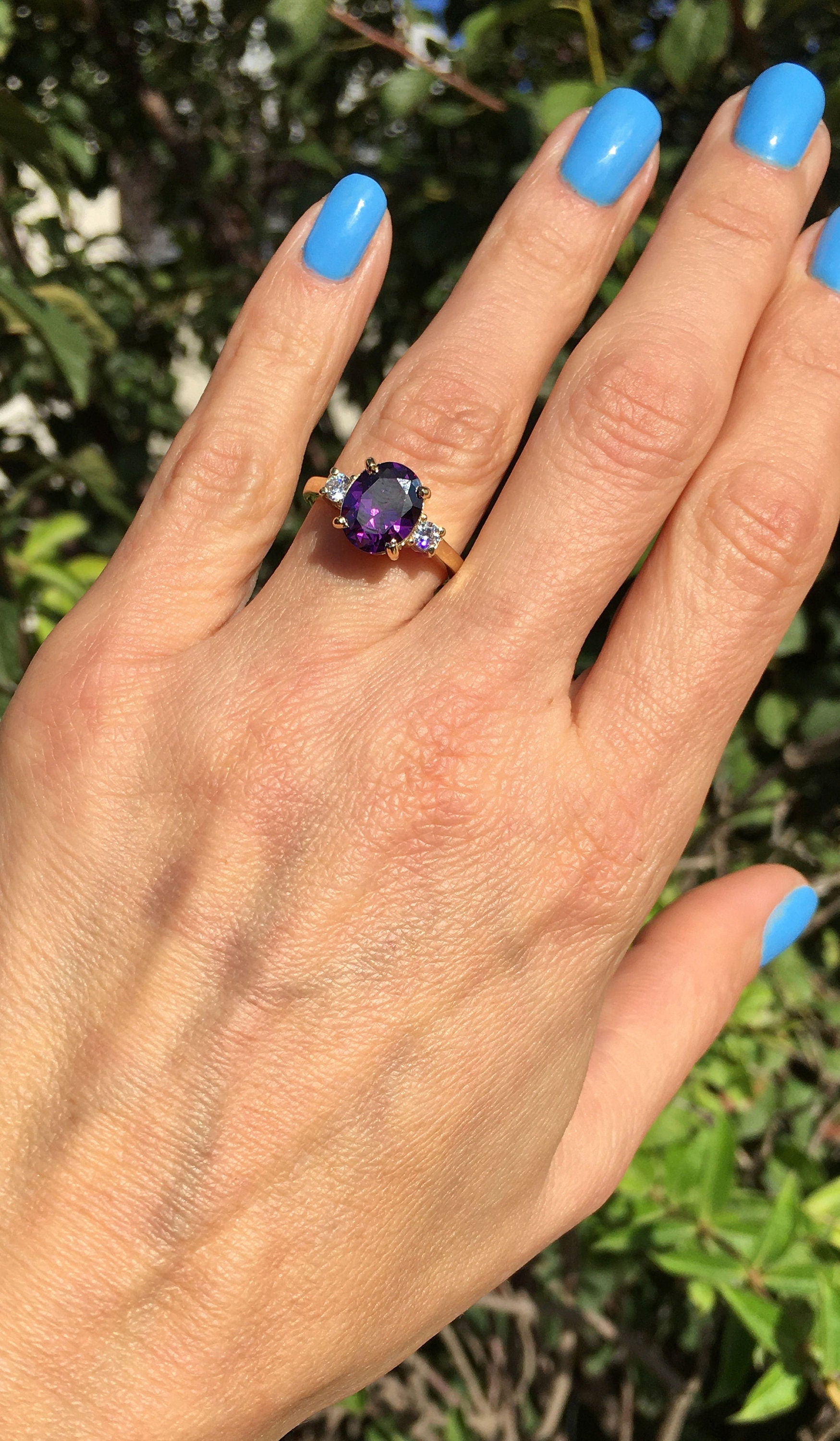 Purple Amethyst Ring - February Birthstone - Oval Purple Amethyst Gemstone Statement Engagement Ring with Clear Quartz Accents - H.L.Jewelry