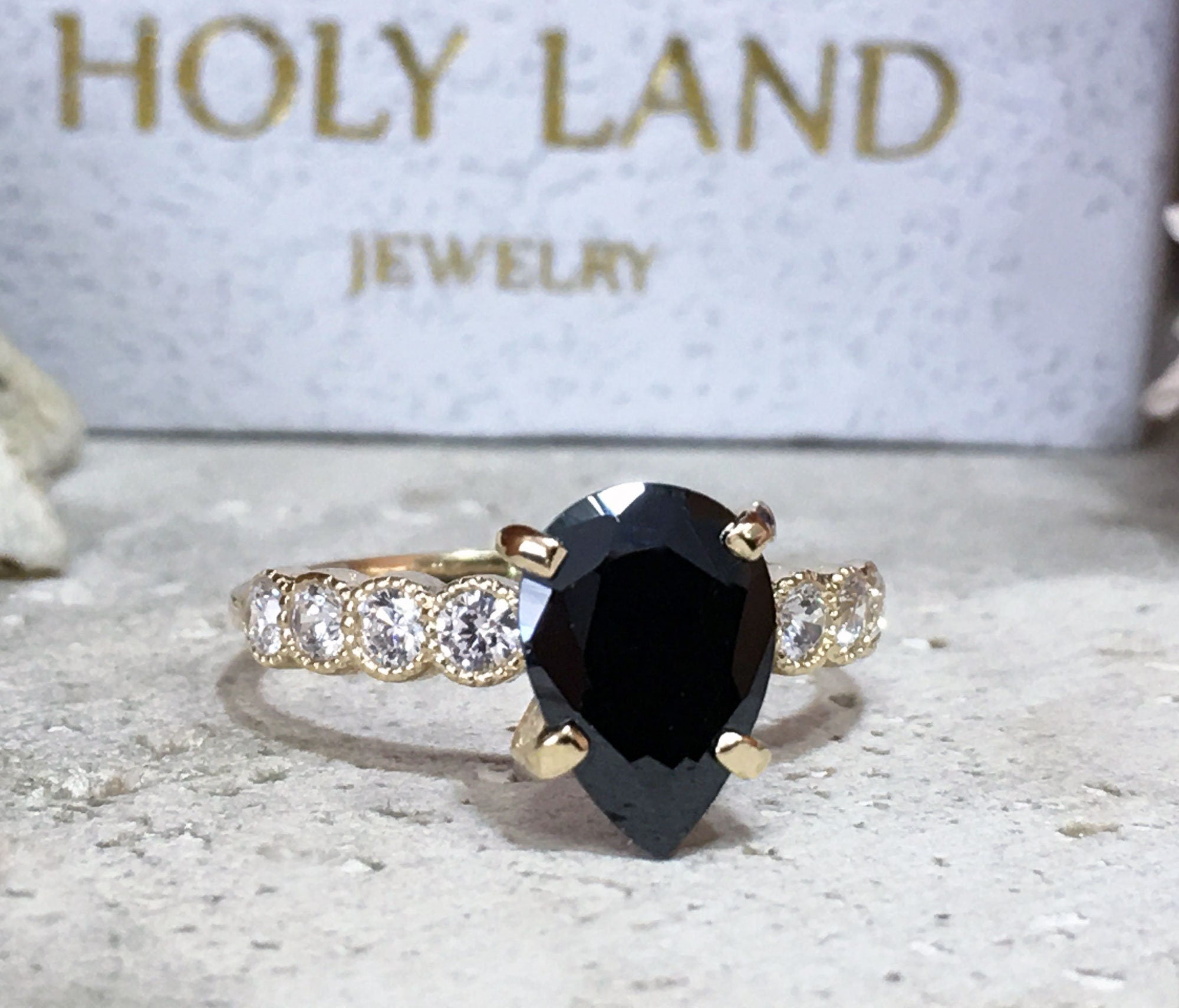 Black Onyx Ring - December Birthstone - Statement Engagement Ring with Pear Shape Black Onyx Middle Gemstone and Clear Quartz Accents - H.L.Jewelry