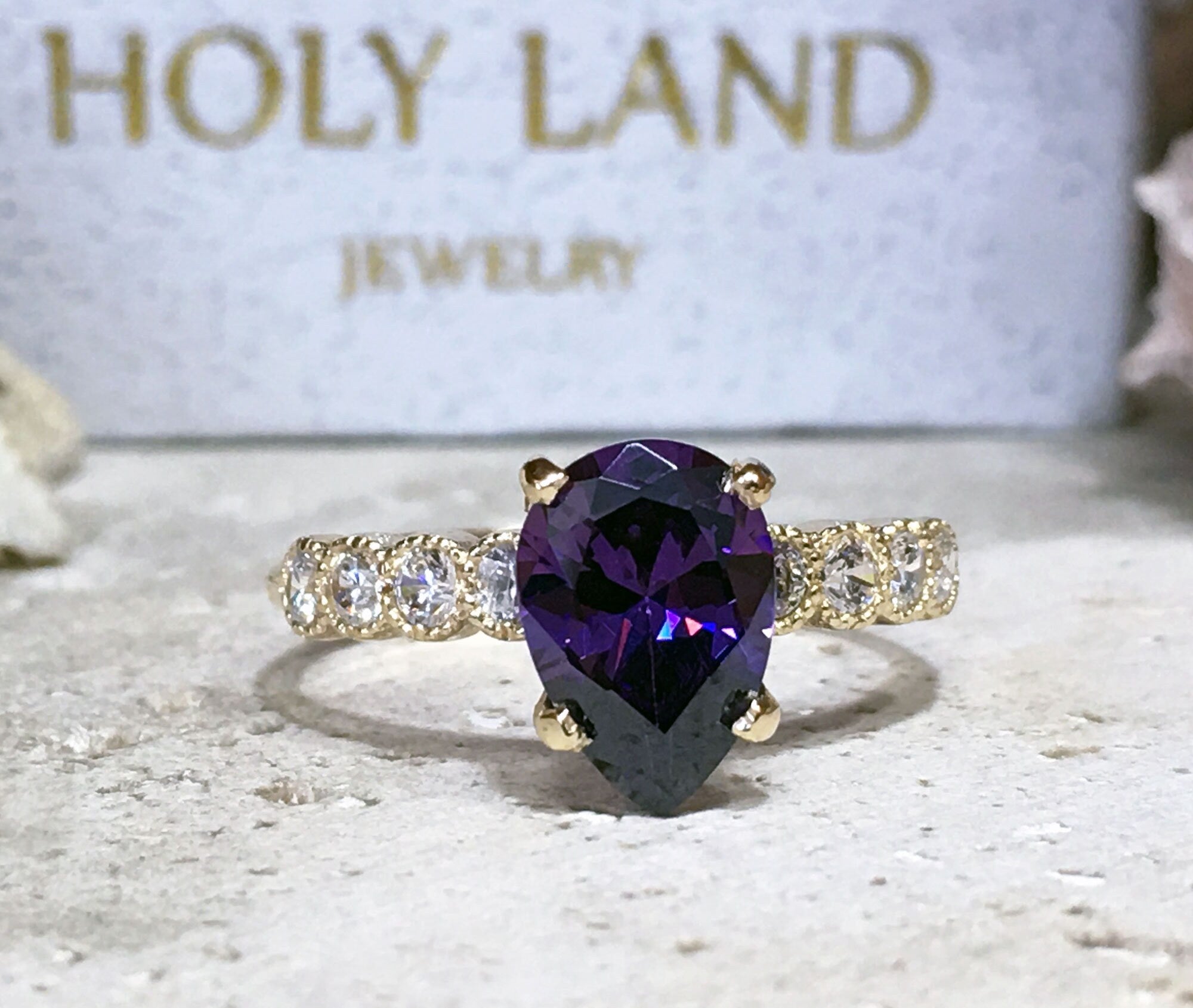 Purple Amethyst Ring - February Birthstone - Pear-Shaped Purple Amethyst Gemstone Statement Engagement Ring with Clear Quartz Accents - H.L.Jewelry