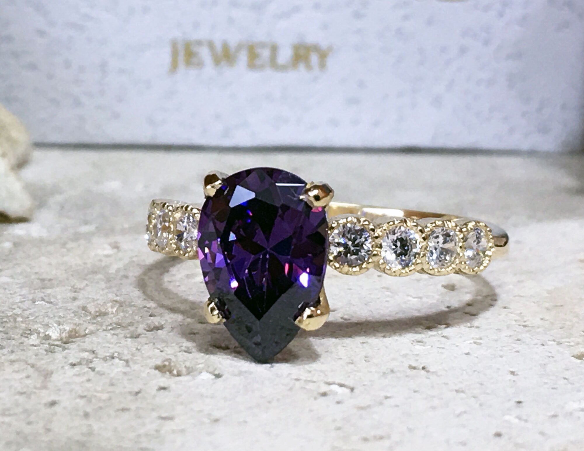 Purple Amethyst Ring - February Birthstone - Pear-Shaped Purple Amethyst Gemstone Statement Engagement Ring with Clear Quartz Accents - H.L.Jewelry