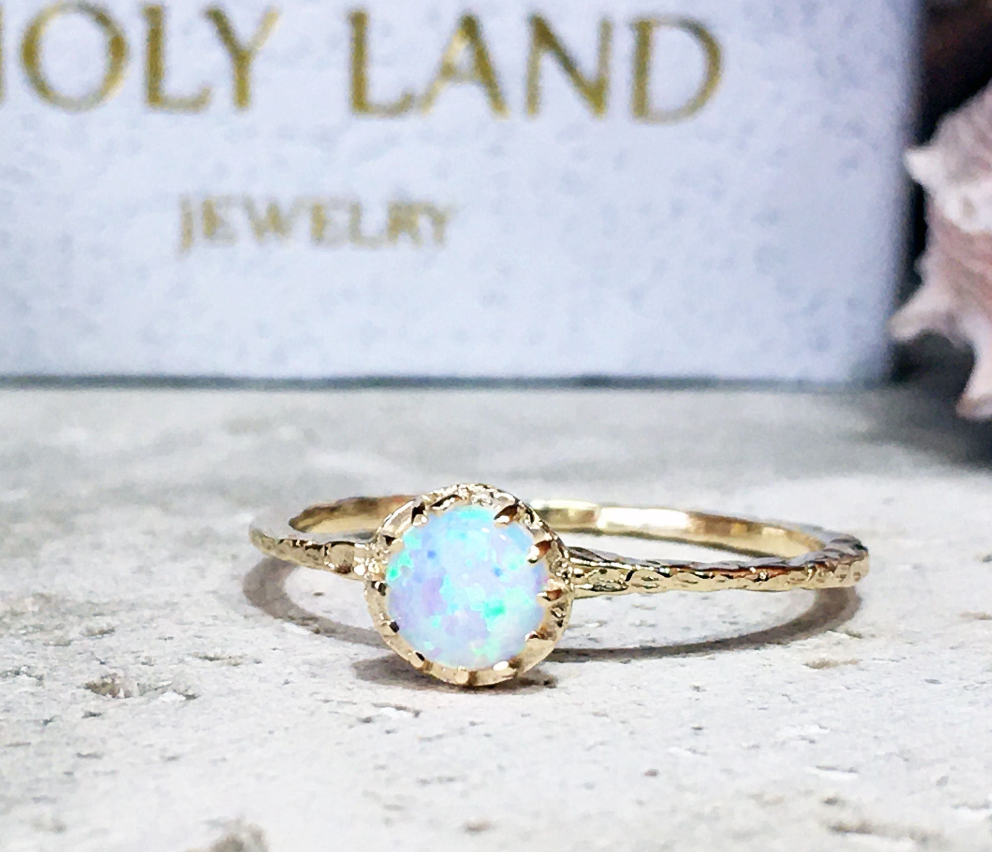 White Opal Ring - Round White Opal Gemstone Delicate Hammered Ring - H.L.Jewelry