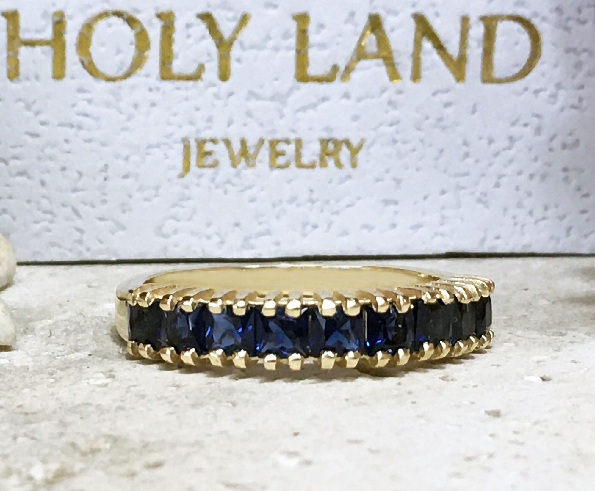 Blue Sapphire Ring - September Ring - Stacking Half Eternity Ring with Nine Square Blue Sapphire Gemstones - H.L.Jewelry