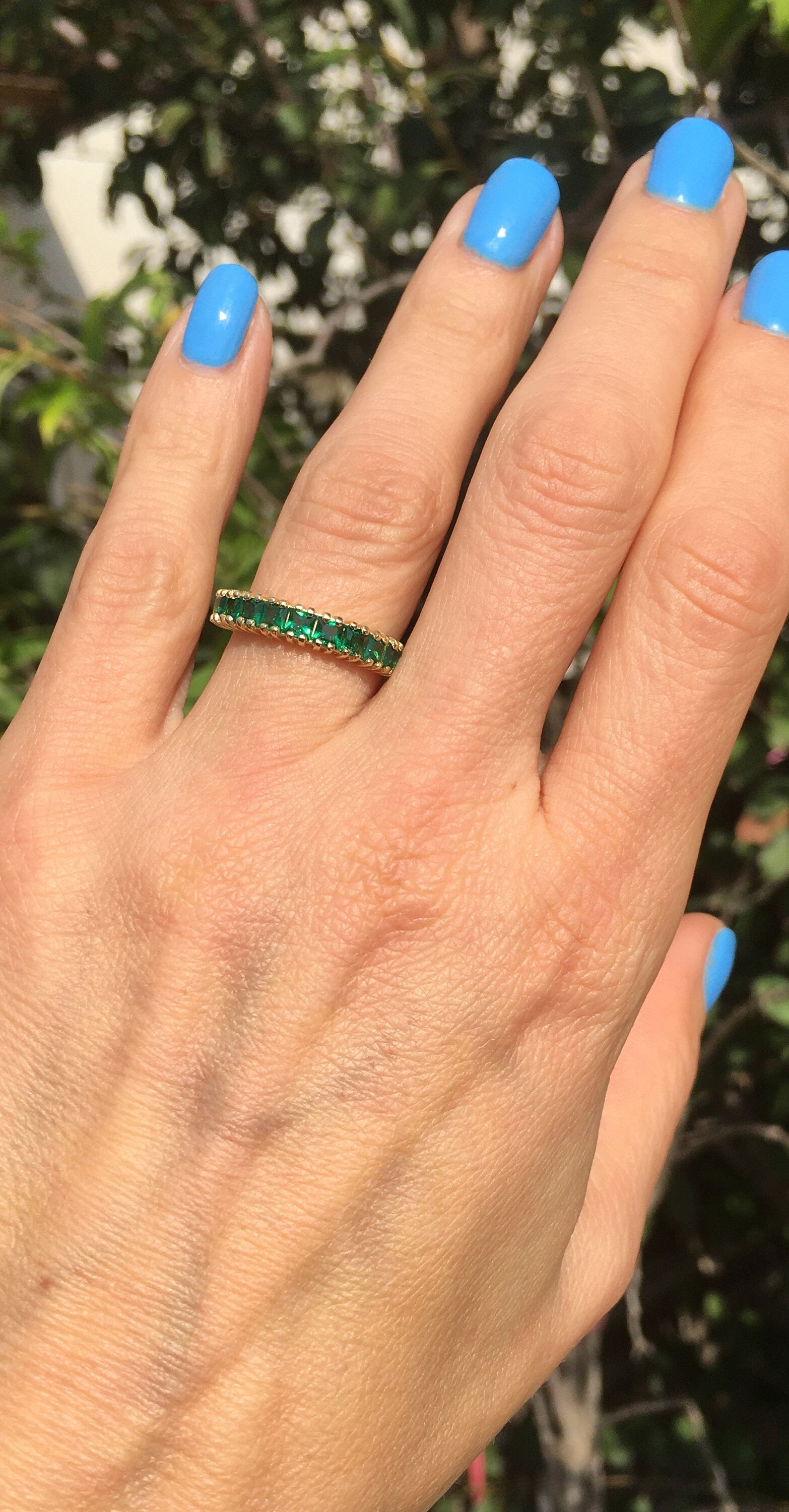 Emerald Ring - May Birthstone - Stacking Half Eternity Ring with Nine Square Emerald Gemstones - H.L.Jewelry