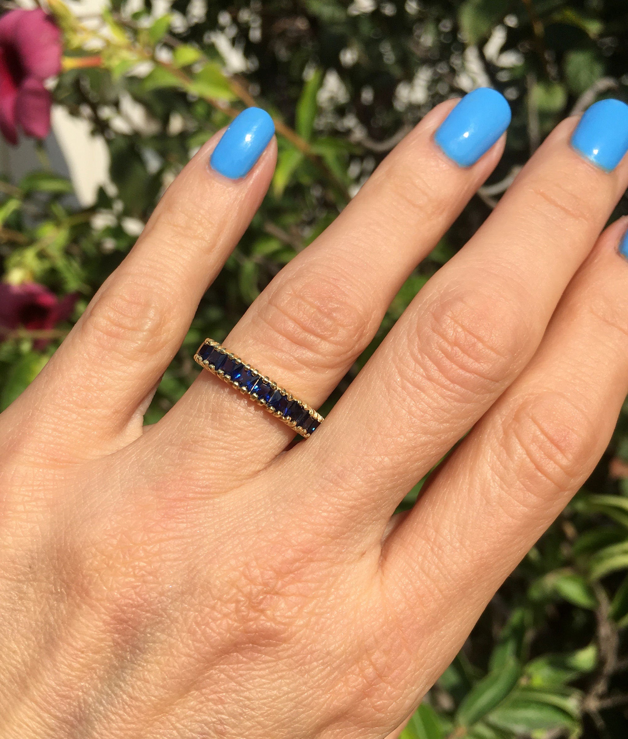 Blue Sapphire Ring - September Ring - Stacking Half Eternity Ring with Nine Square Blue Sapphire Gemstones - H.L.Jewelry