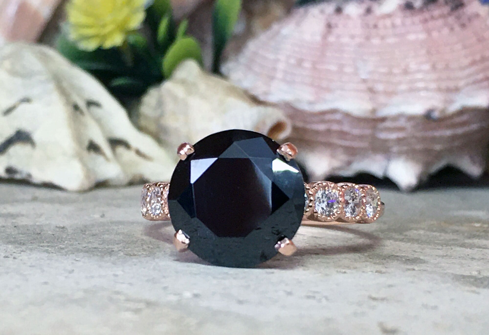 Black Onyx Ring - December Birthstone - Statement Engagement Ring with Round Black Onyx Gemstone and Clear Quartz Accents - H.L.Jewelry