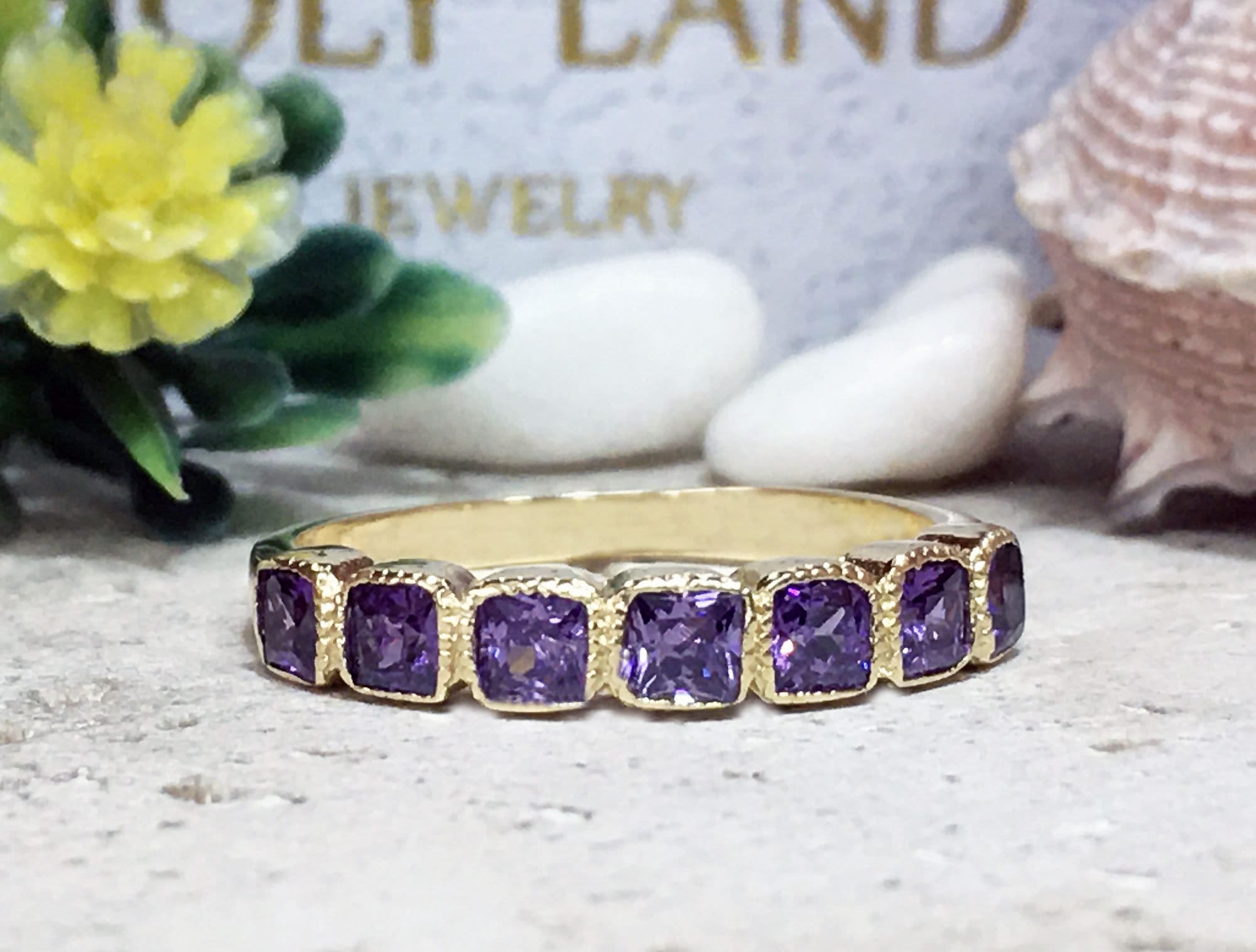 Purple Amethyst Ring - February Birthstone - Seven Square Purple Amethyst Gemstones Stacking Ring - H.L.Jewelry