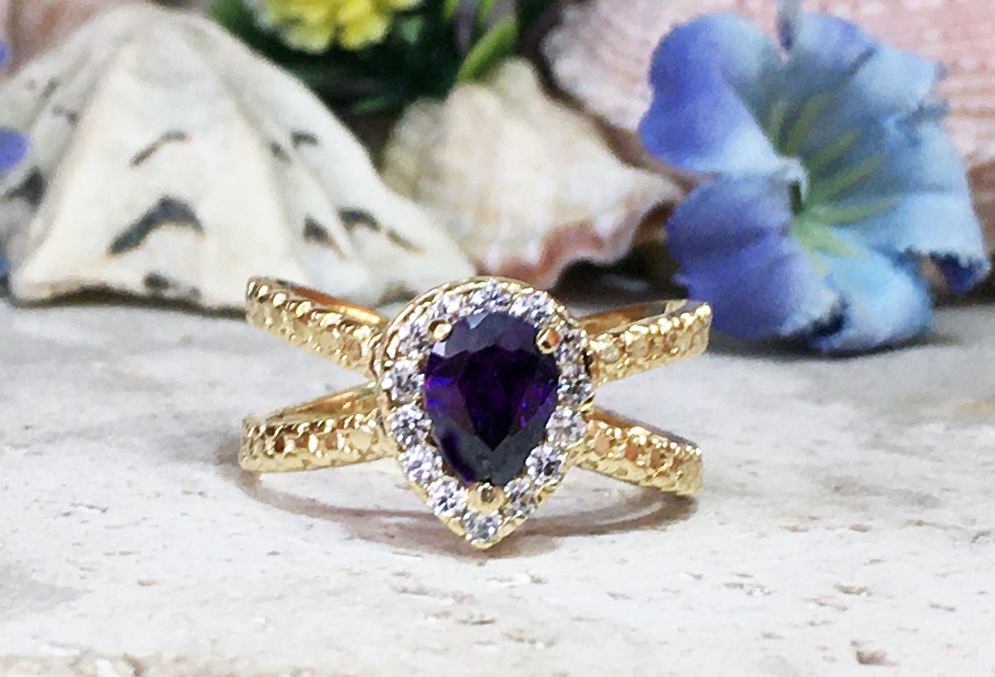 Purple Amethyst Ring - February Birthstone - Pear-Shaped Purple Amethyst Gemstone Statement Engagement Ring with Clear Quartz Halo - H.L.Jewelry