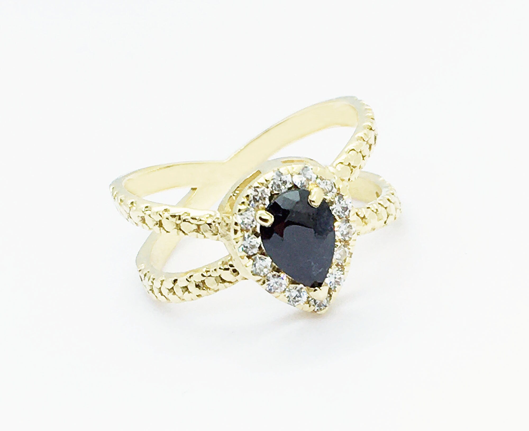 Black Onyx Ring - December Birthstone - Engagement Ring with Pear Shape Black Onyx Center Stone and Clear Quartz Halo - H.L.Jewelry