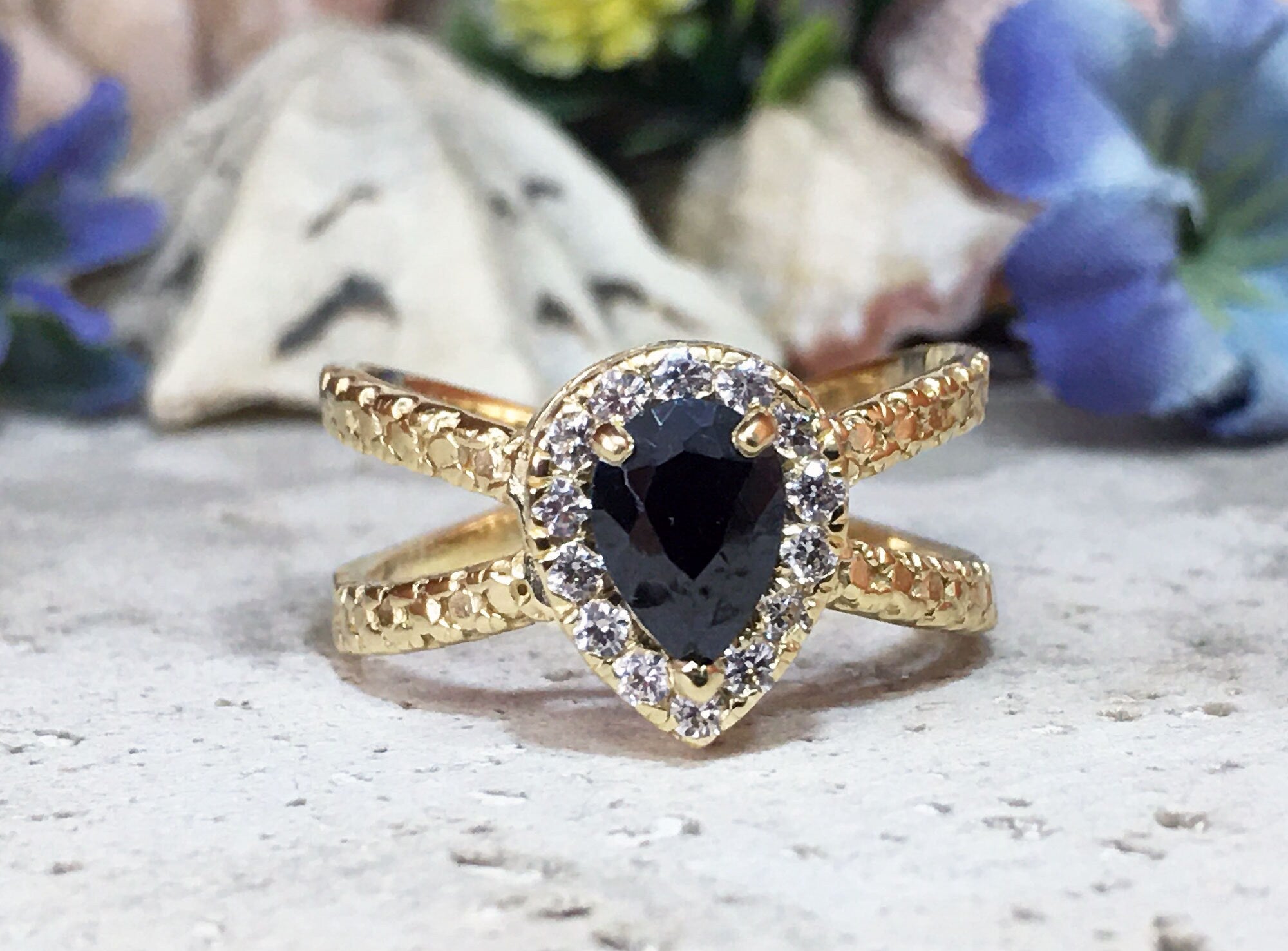 Black Onyx Ring - December Birthstone - Engagement Ring with Pear Shape Black Onyx Center Stone and Clear Quartz Halo - H.L.Jewelry