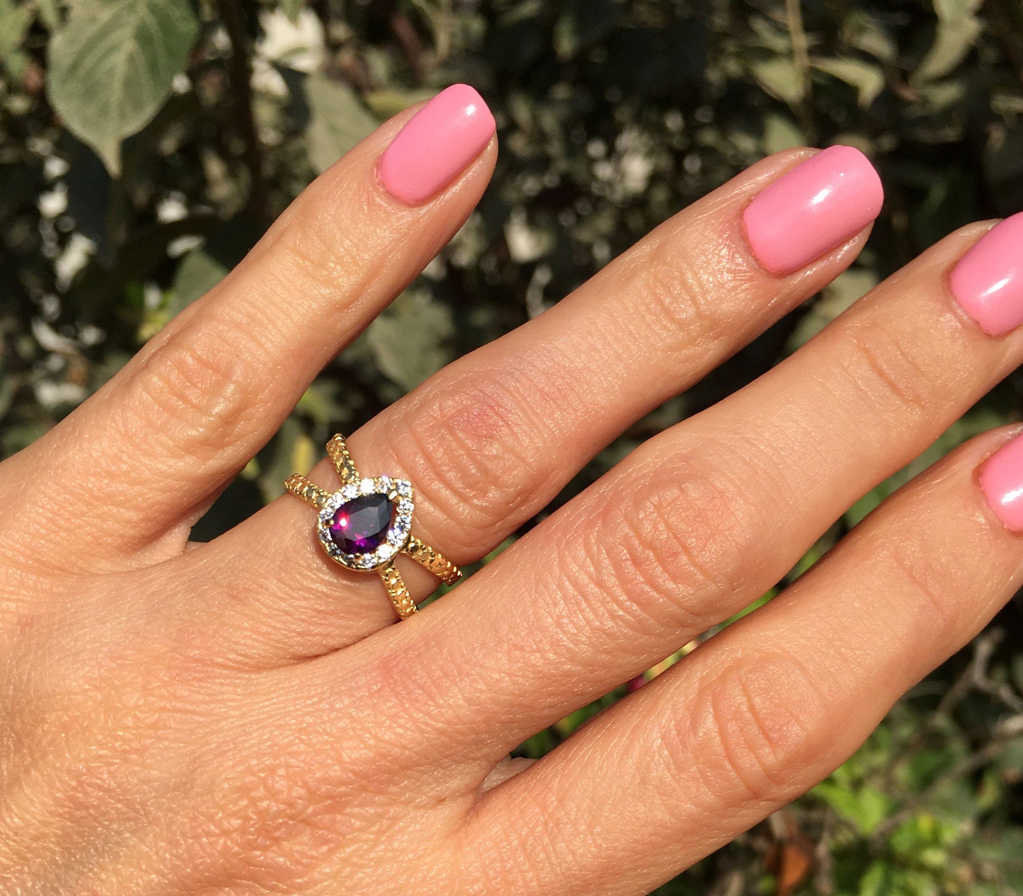 Purple Amethyst Ring - February Birthstone - Pear-Shaped Purple Amethyst Gemstone Statement Engagement Ring with Clear Quartz Halo - H.L.Jewelry