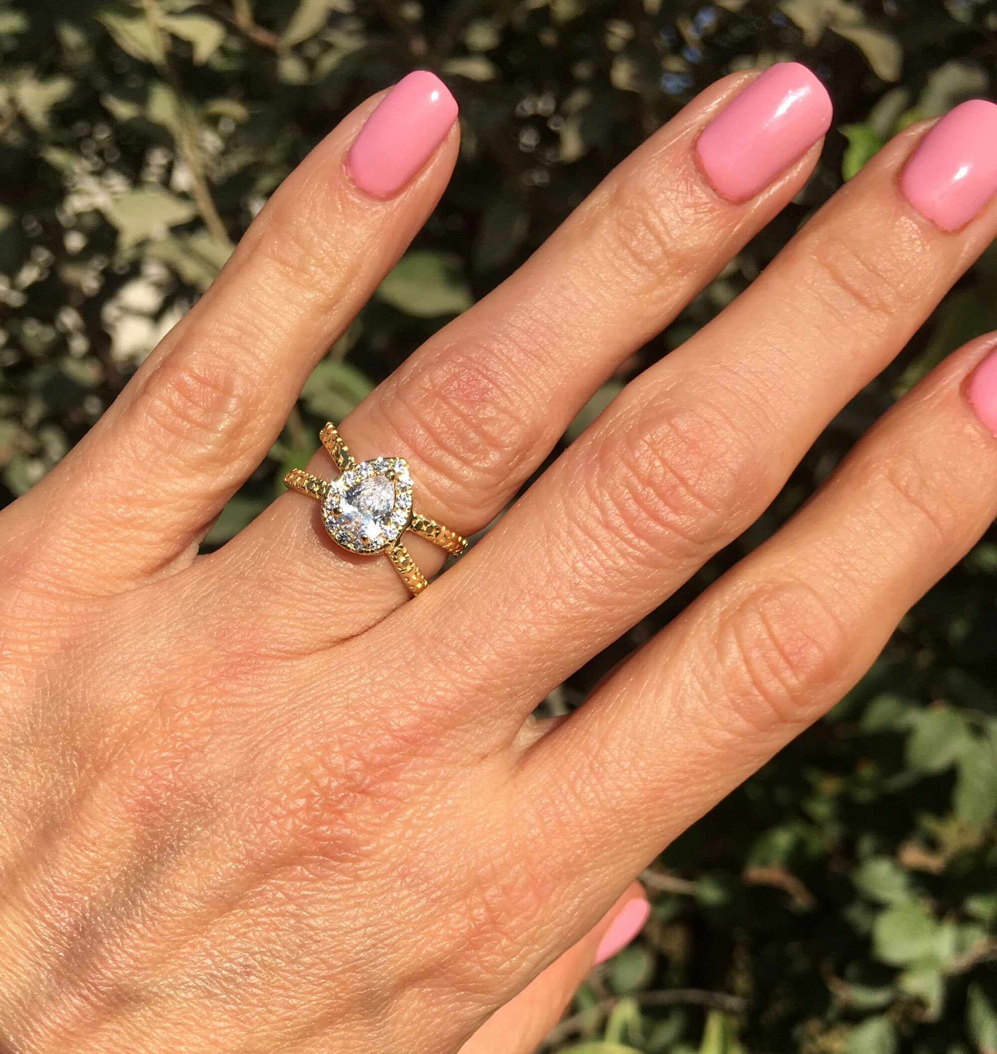 Clear Quartz Ring - April Birthstone - Pear-Shaped Clear Quartz Engagement Ring with Clear Quartz Halo - H.L.Jewelry