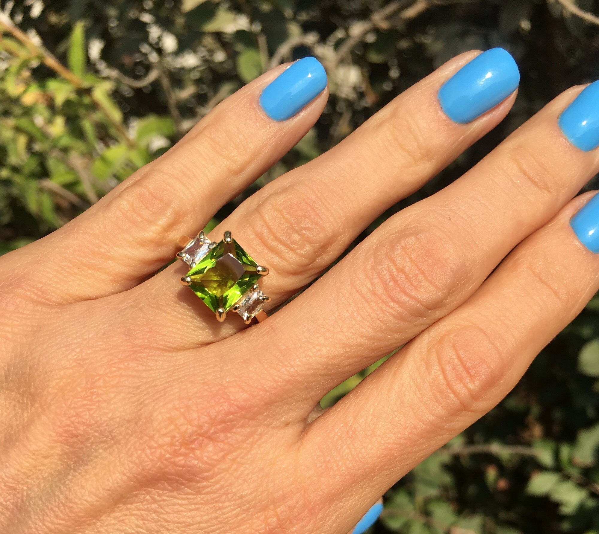 Peridot Ring - August Birthstone Jewelry - Statement Engagement Ring with Octagon Peridot Gemstone and Clear Quartz Accents - H.L.Jewelry