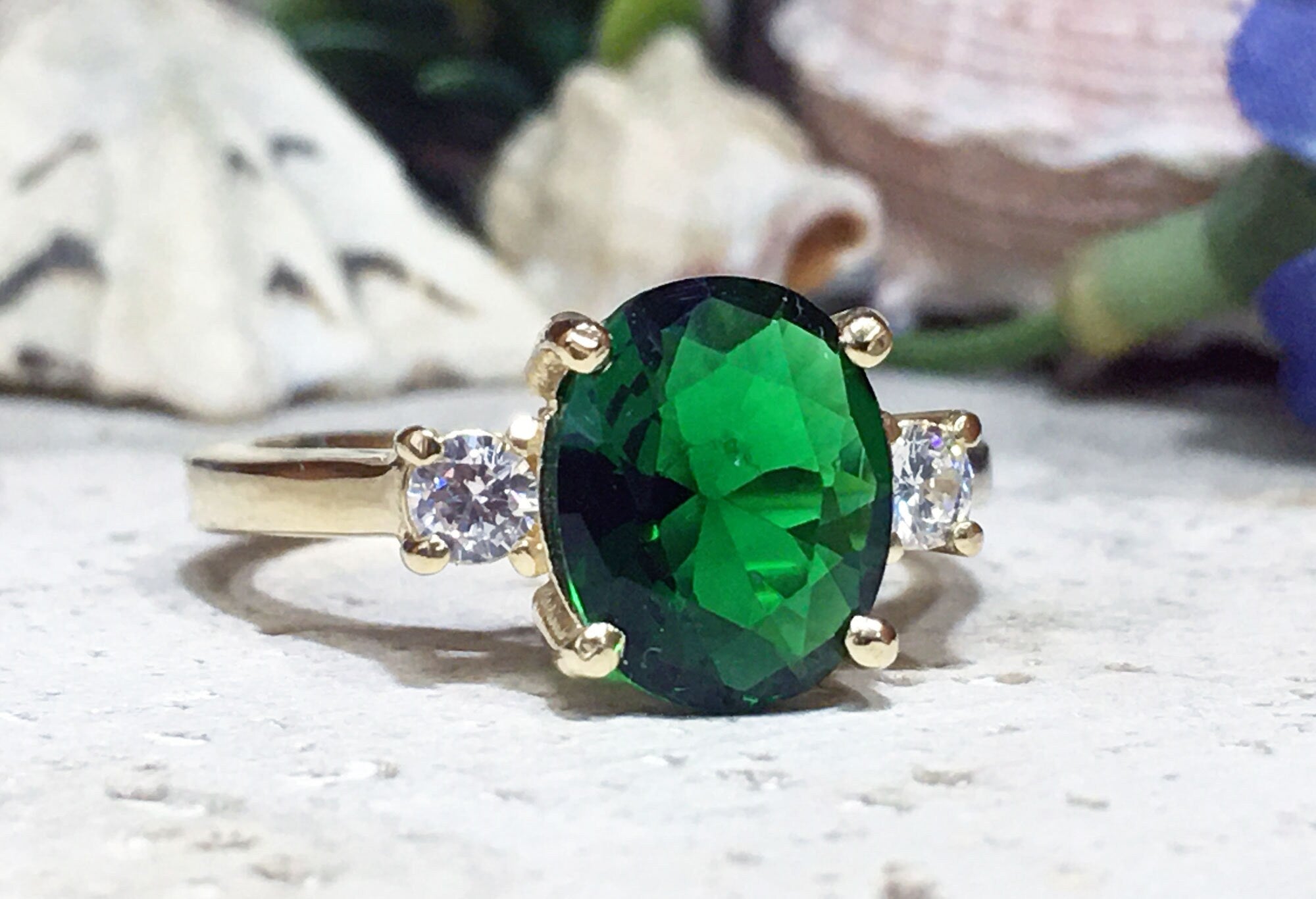 Emerald Ring - May Birthstone - Statement Engagement Ring with Oval Emerald Gemstone and Clear Quartz Accents - H.L.Jewelry