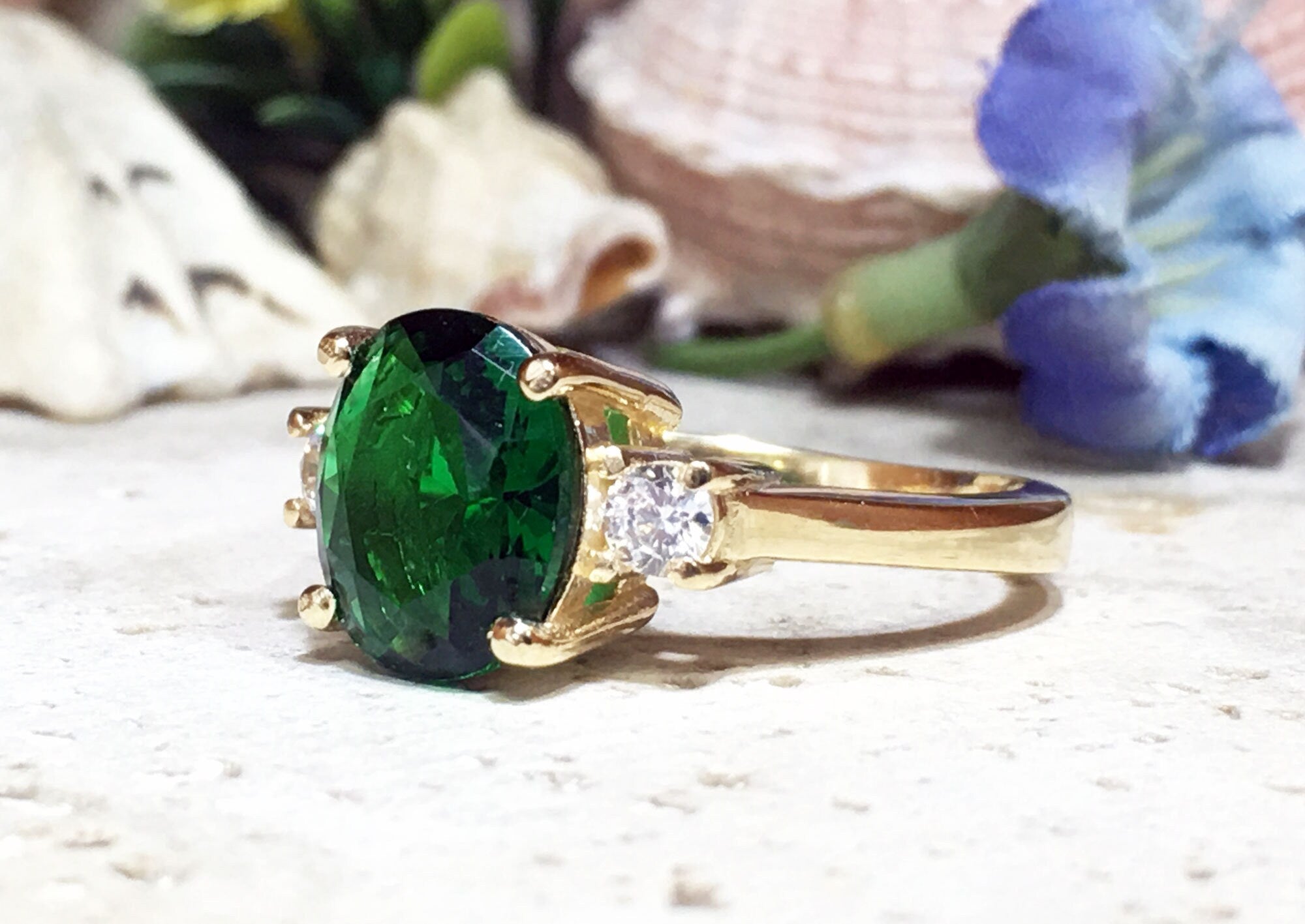 Emerald Ring - May Birthstone - Statement Engagement Ring with Oval Emerald Gemstone and Clear Quartz Accents - H.L.Jewelry