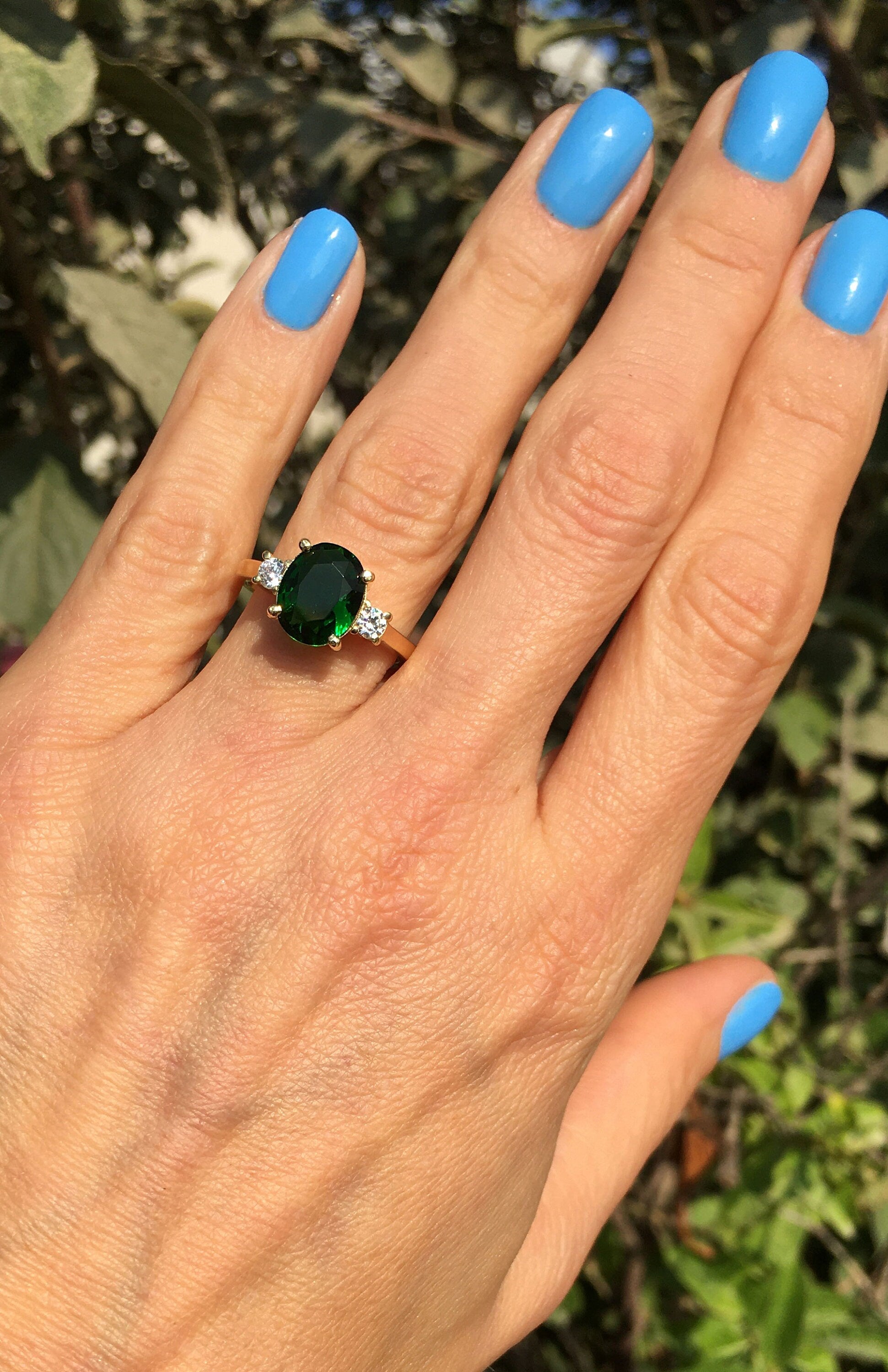 Emerald Ring - May Birthstone - Statement Engagement Ring with Oval Emerald Gemstone and Clear Quartz Accents - H.L.Jewelry