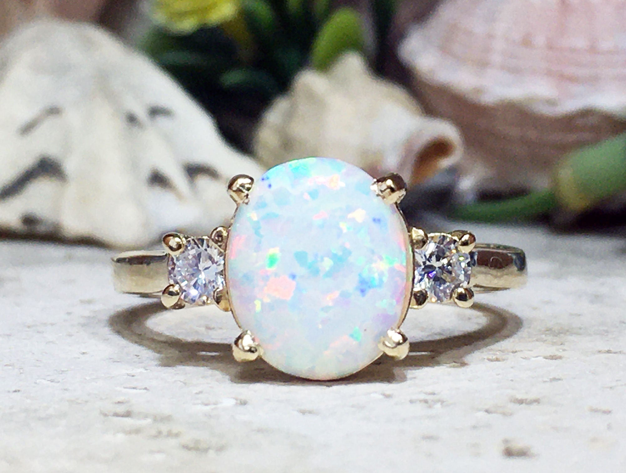 White Opal Ring - Oval White Opal Gemstone Statement Engagement Ring with Clear Quartz Accents - H.L.Jewelry