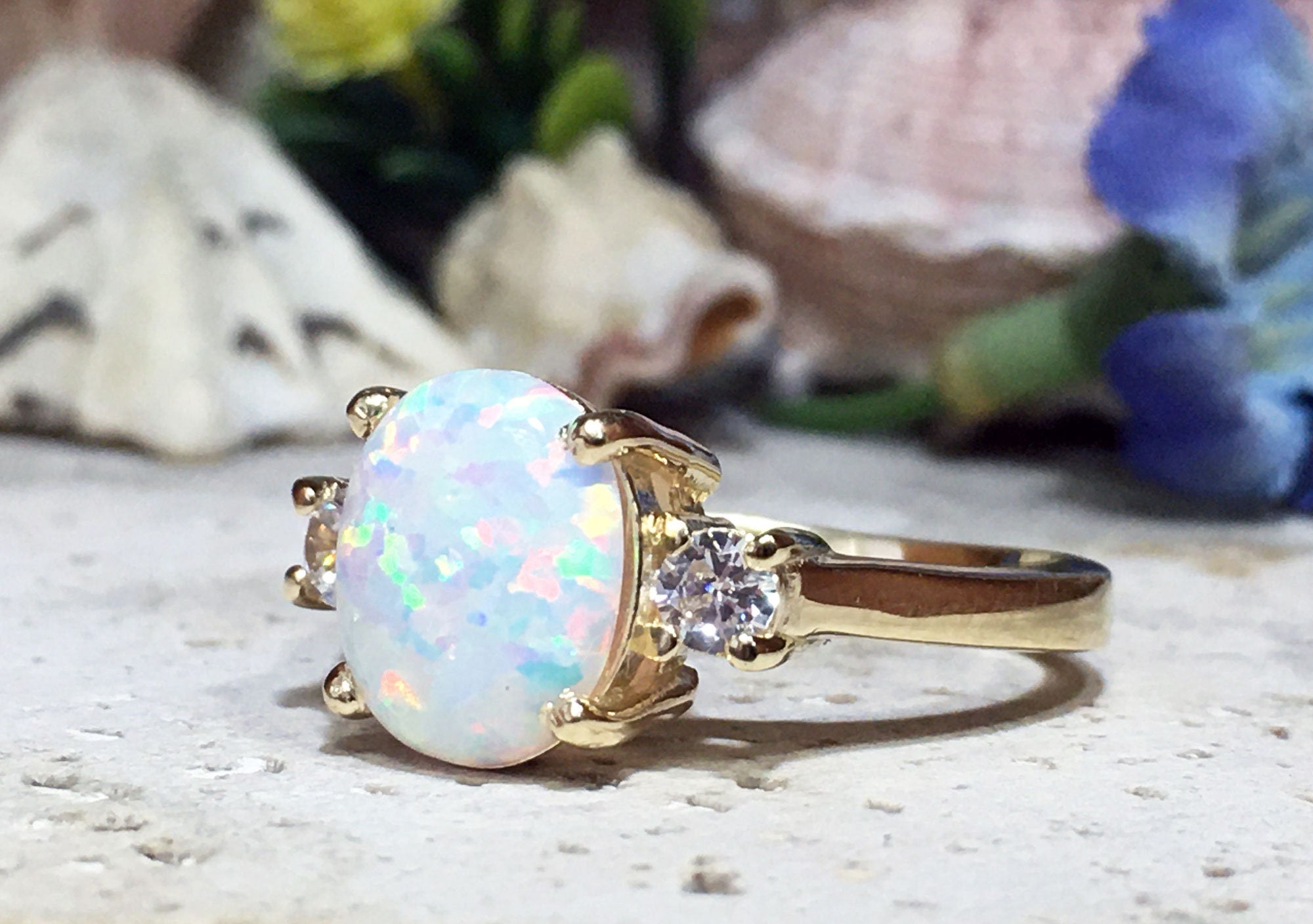 White Opal Ring - Oval White Opal Gemstone Statement Engagement Ring with Clear Quartz Accents - H.L.Jewelry