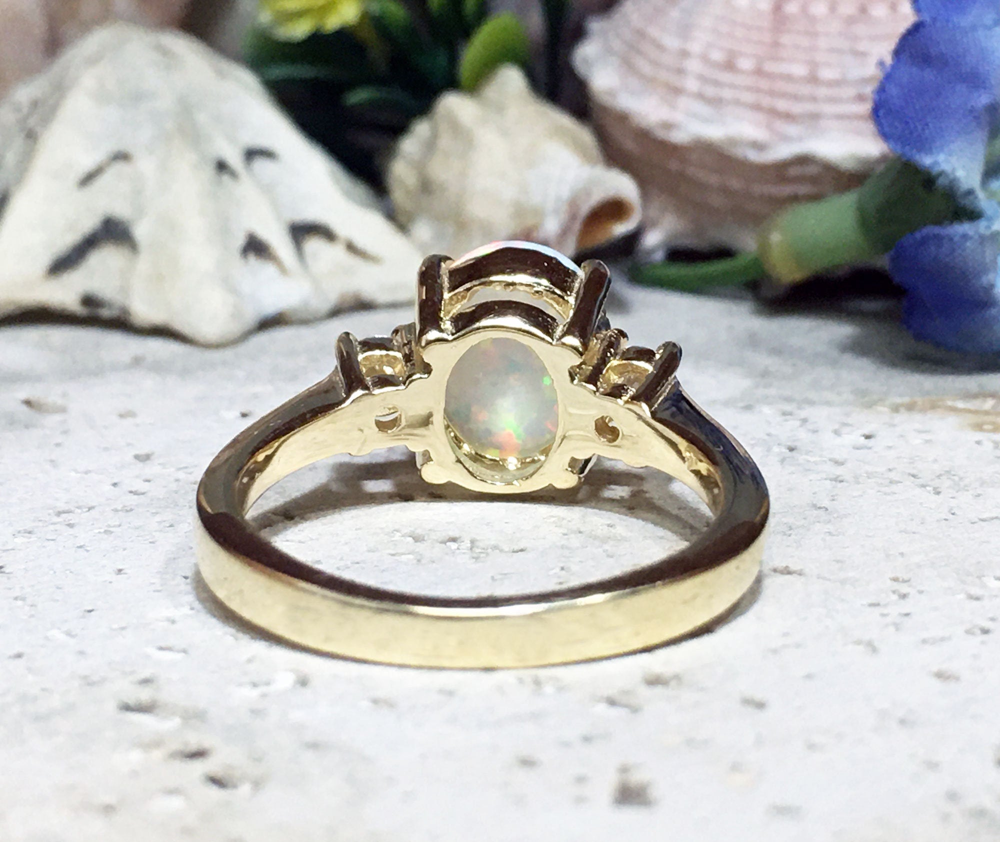 White Opal Ring - Oval White Opal Gemstone Statement Engagement Ring with Clear Quartz Accents - H.L.Jewelry