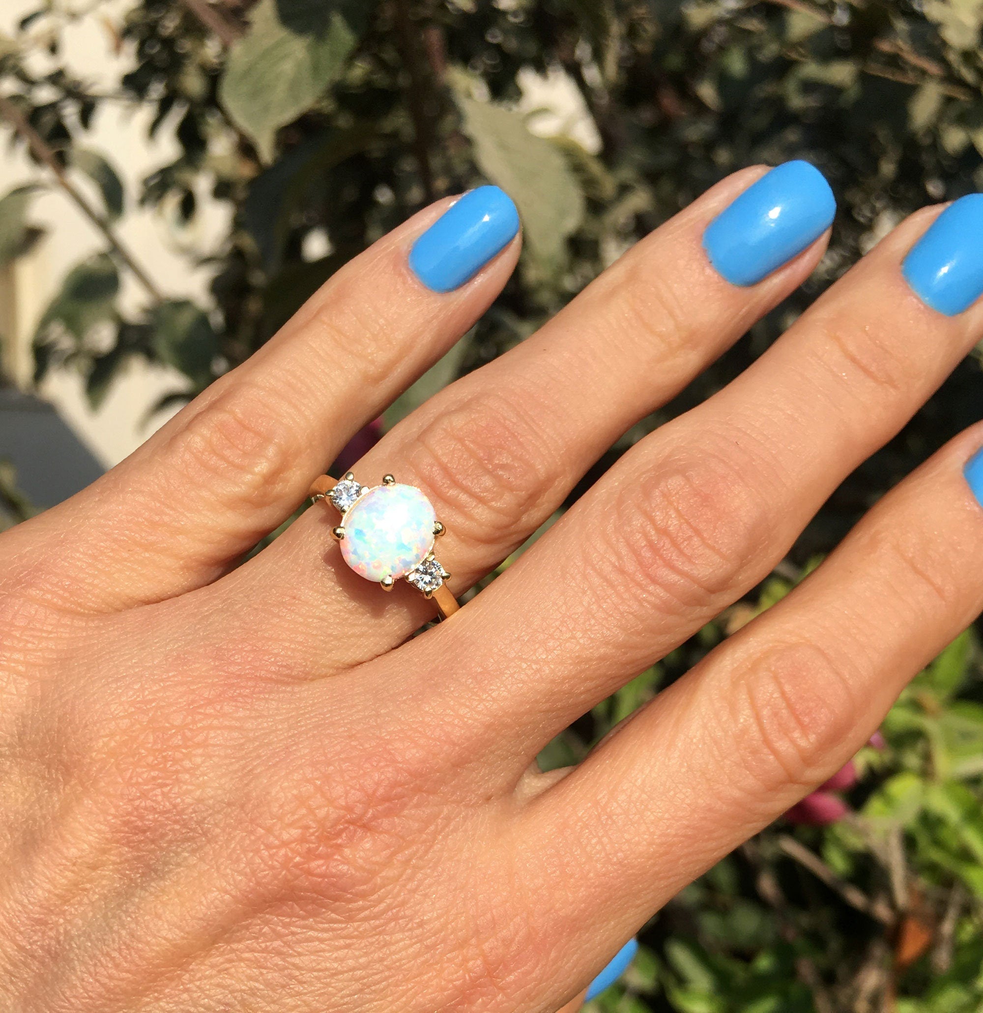 White Opal Ring - Oval White Opal Gemstone Statement Engagement Ring with Clear Quartz Accents - H.L.Jewelry