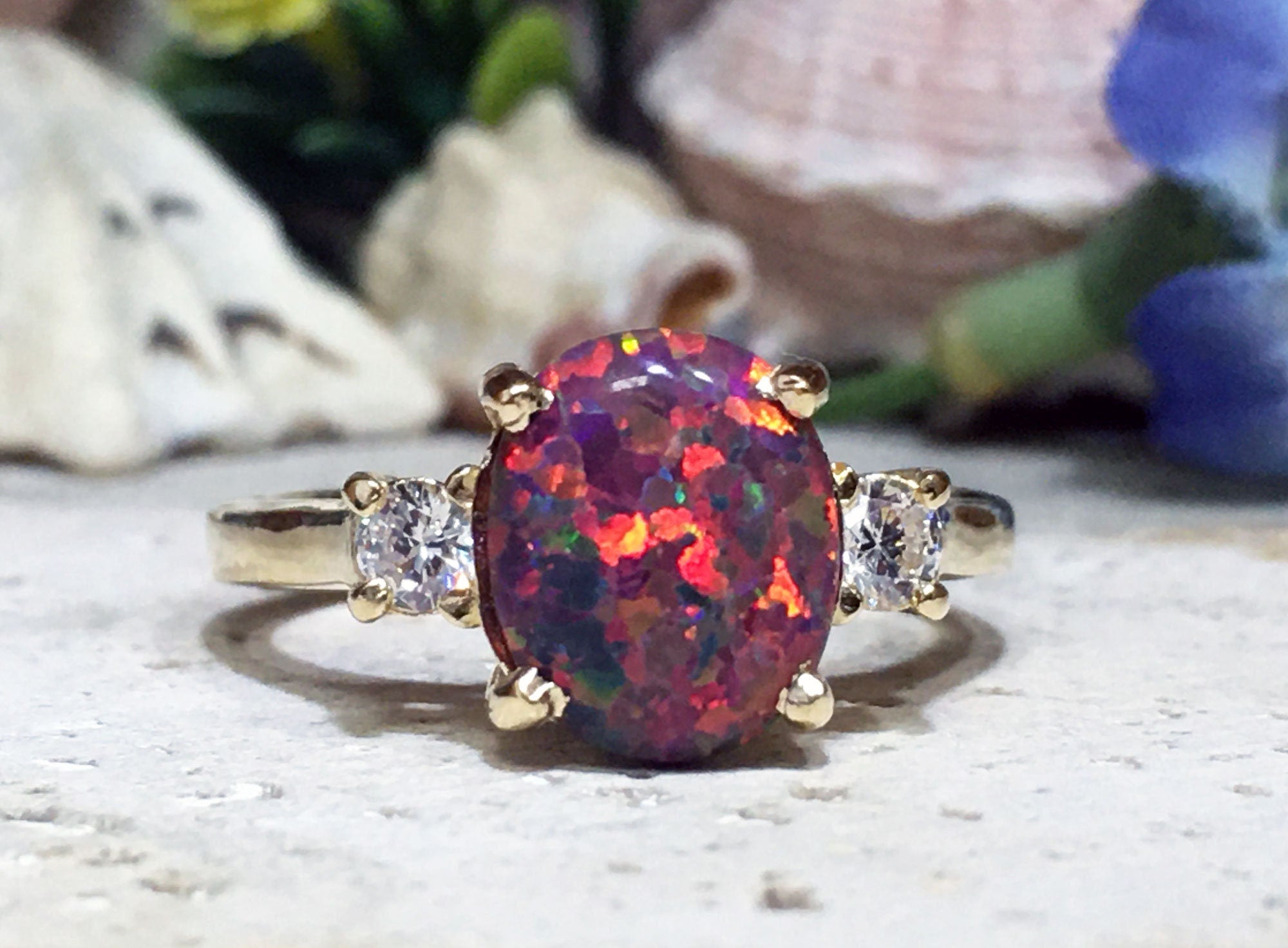 Fire Opal Ring - Statement Engagement Ring with Oval Fire Opal Gemstone and Clear Quartz Accents - H.L.Jewelry