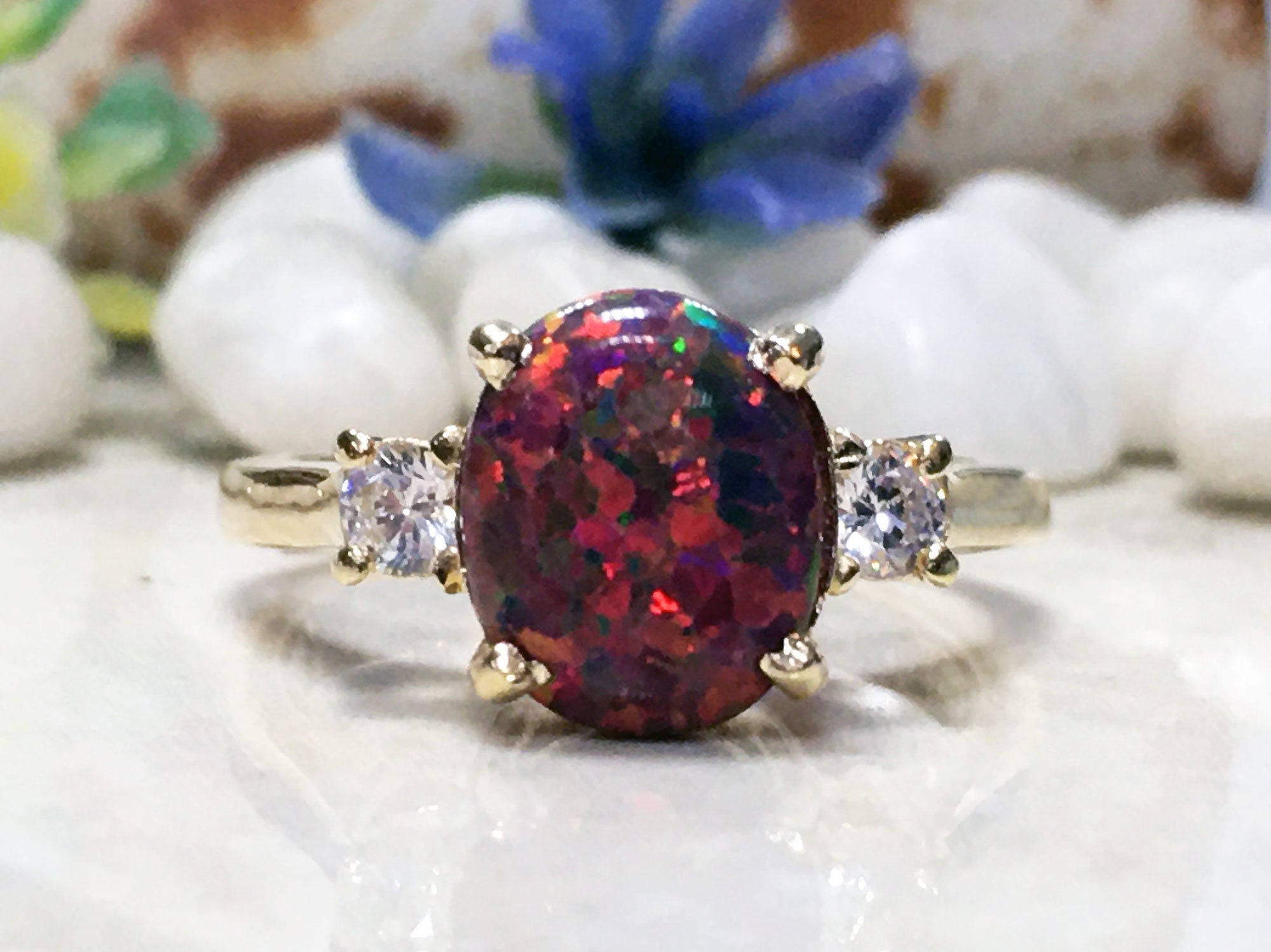 Fire Opal Ring - Statement Engagement Ring with Oval Fire Opal Gemstone and Clear Quartz Accents - H.L.Jewelry