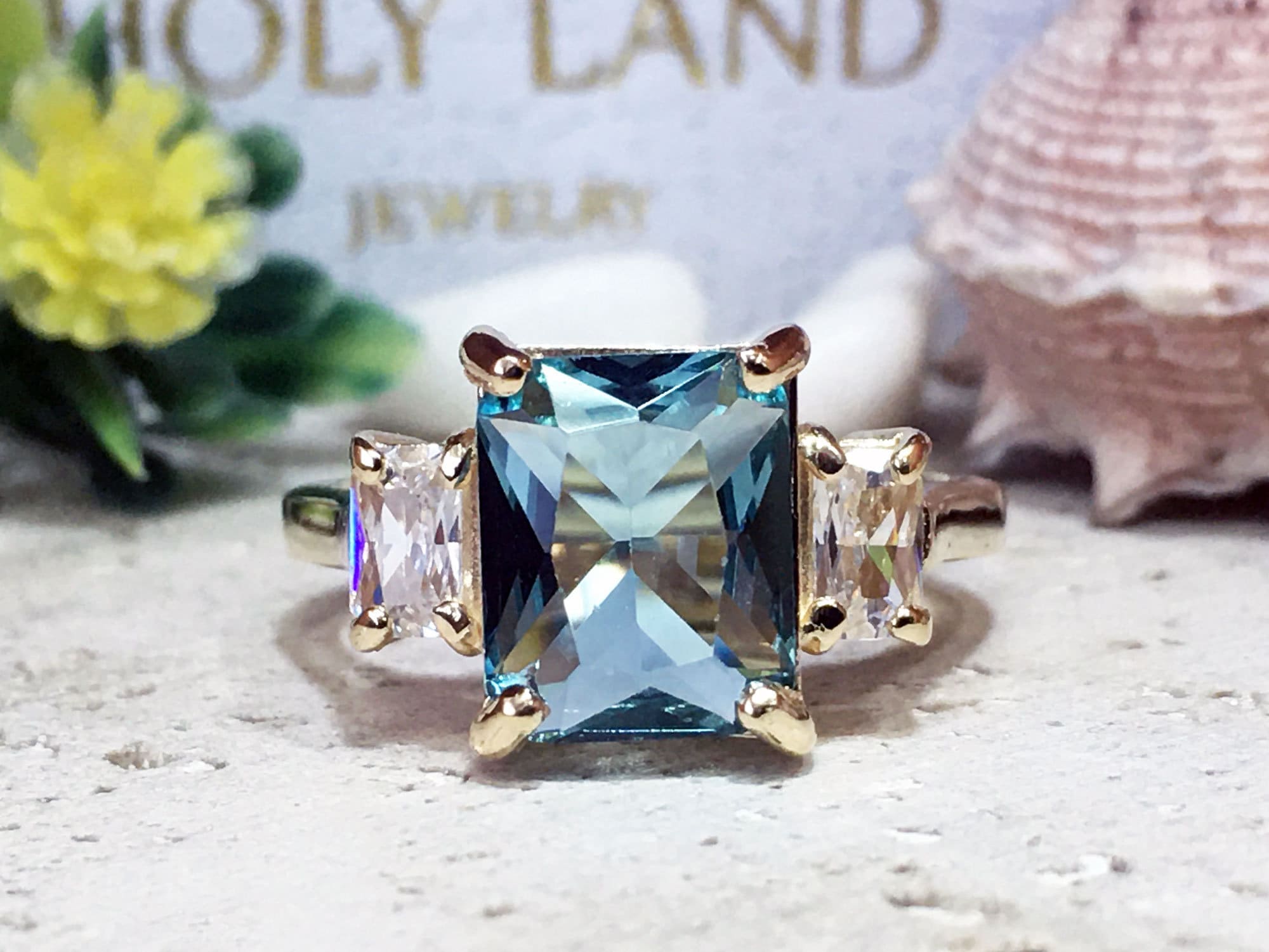 Blue Topaz Ring - December Birthstone - Octagon Blue Topaz Statement Engagement Ring with Clear Quartz Accents - H.L.Jewelry