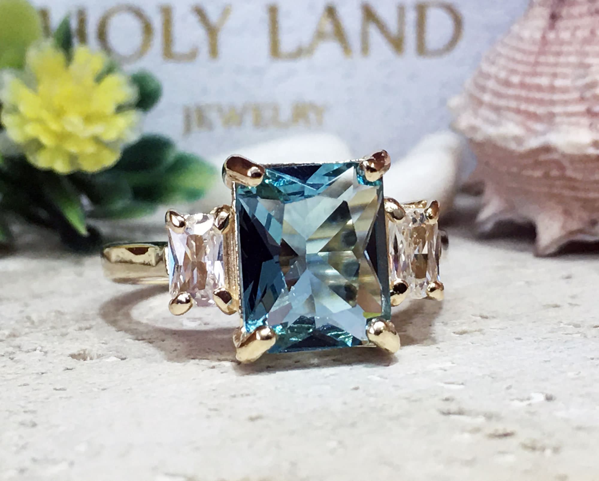 Blue Topaz Ring - December Birthstone - Octagon Blue Topaz Statement Engagement Ring with Clear Quartz Accents - H.L.Jewelry