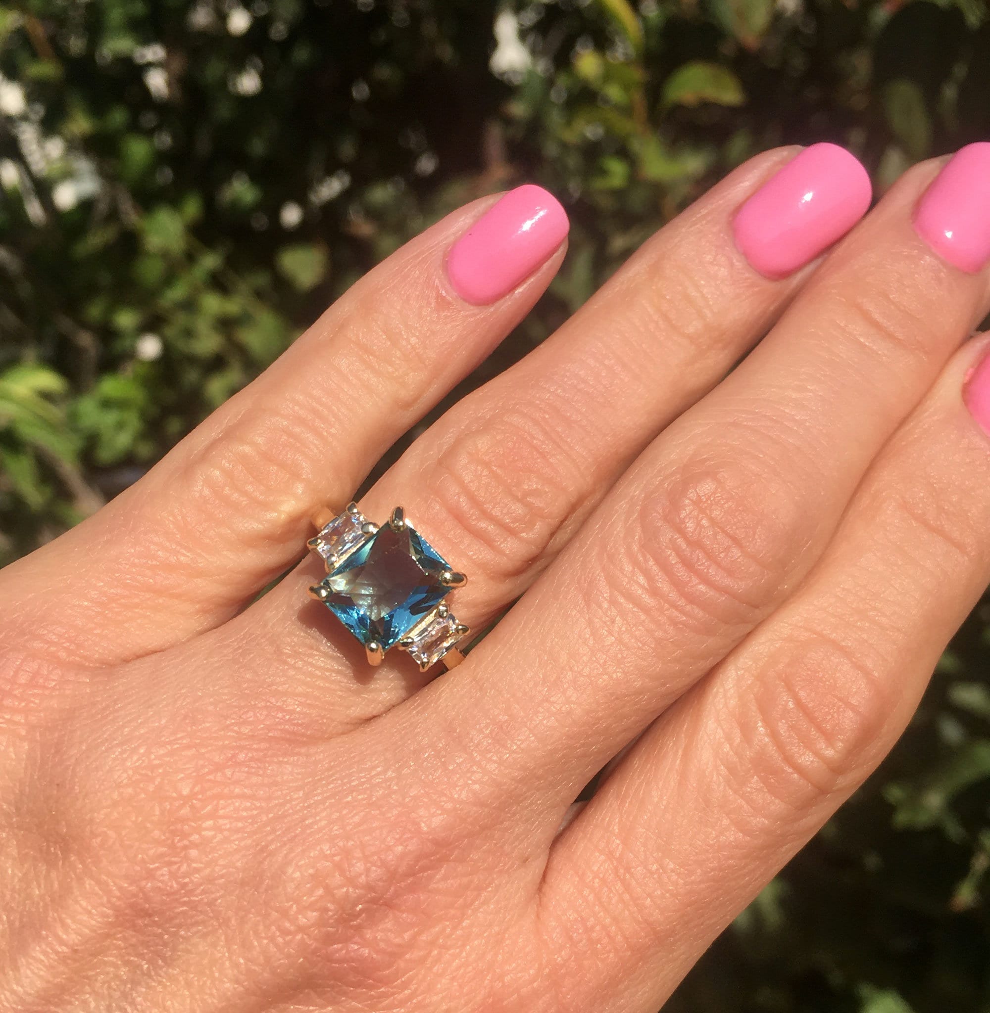 Blue Topaz Ring - December Birthstone - Octagon Blue Topaz Statement Engagement Ring with Clear Quartz Accents - H.L.Jewelry