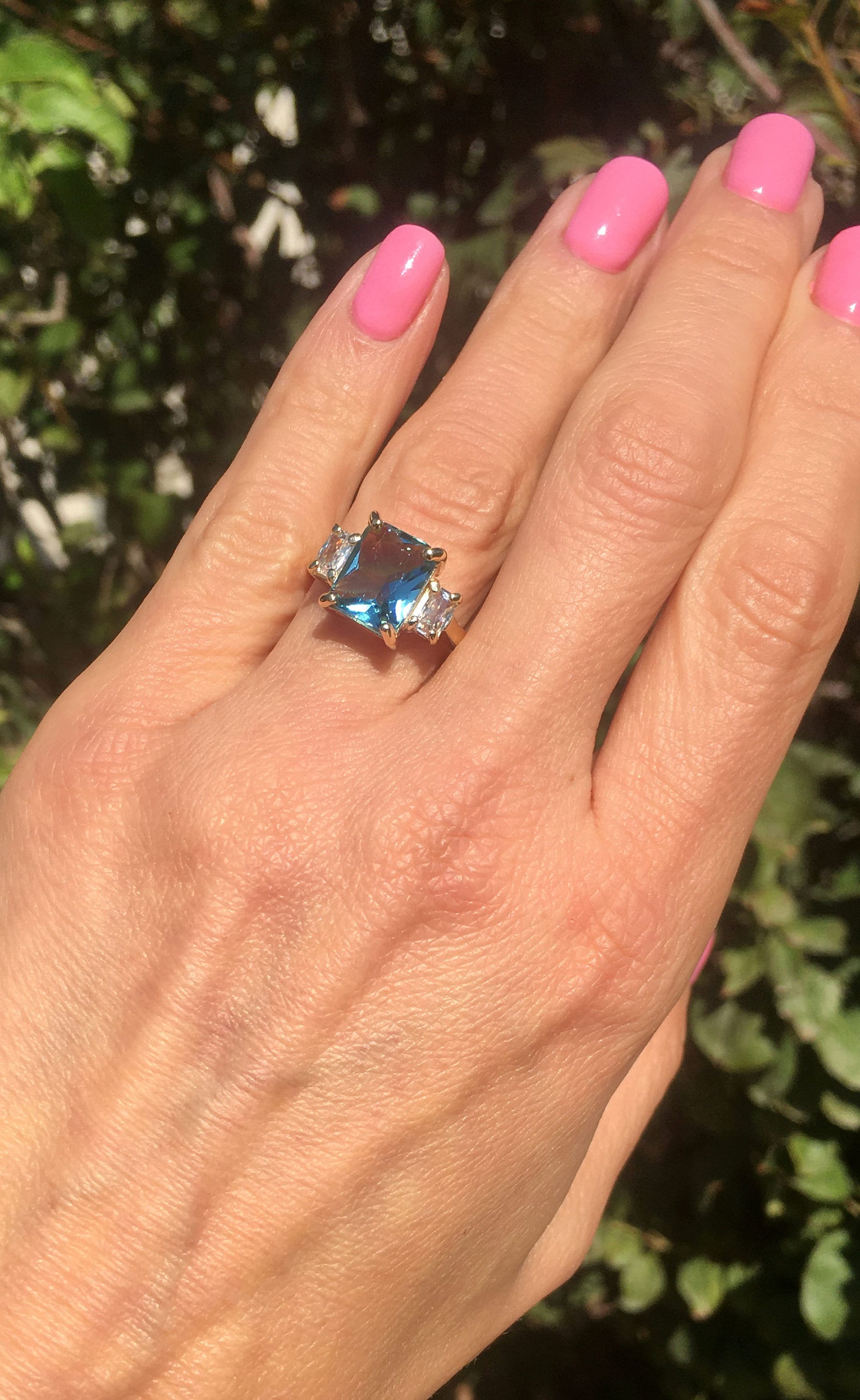 Blue Topaz Ring - December Birthstone - Octagon Blue Topaz Statement Engagement Ring with Clear Quartz Accents - H.L.Jewelry