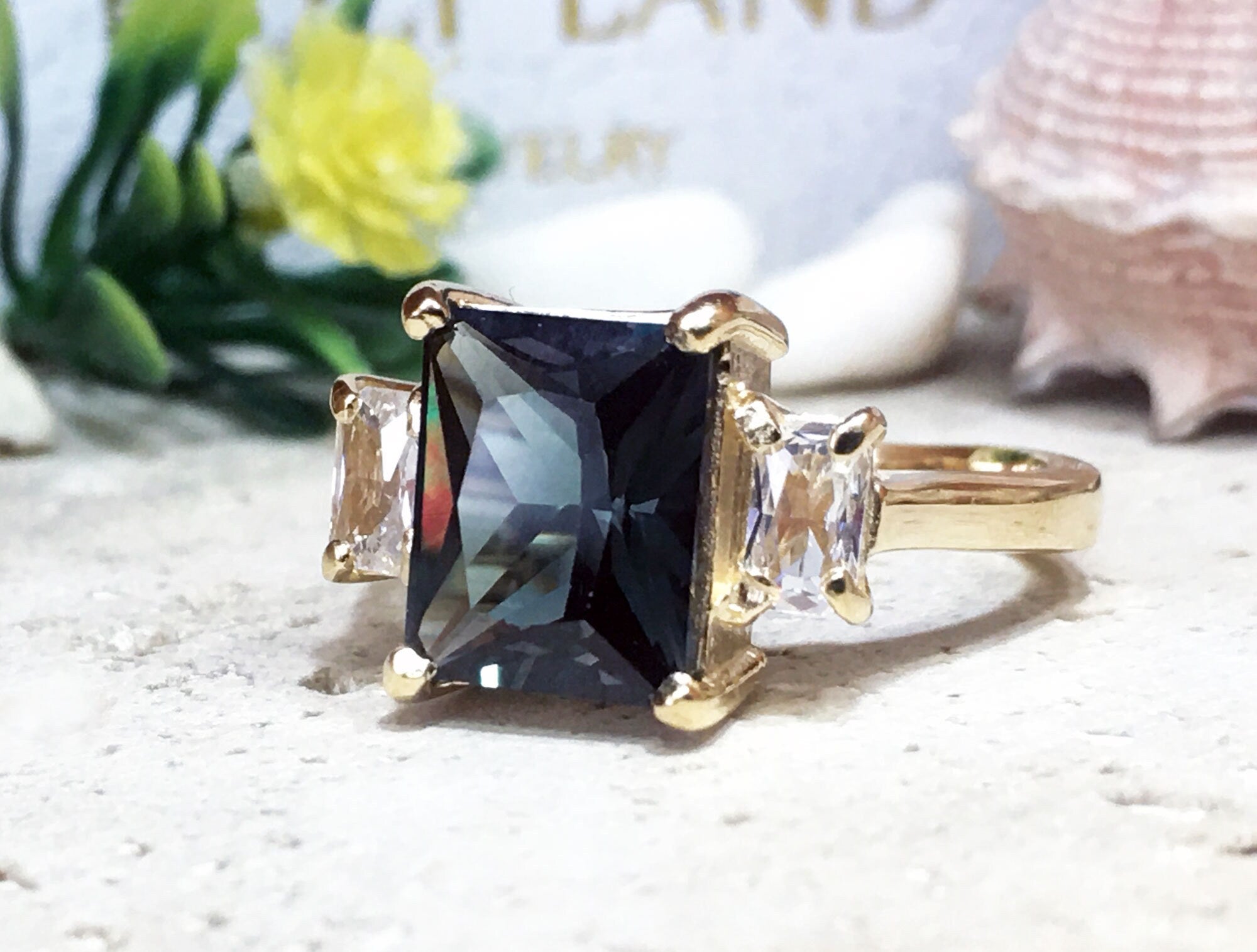 Green Tourmaline Ring - Statement Engagement Ring with Emerald-Cut Green Tourmaline Gemstone and Clear Quartz Accents - H.L.Jewelry