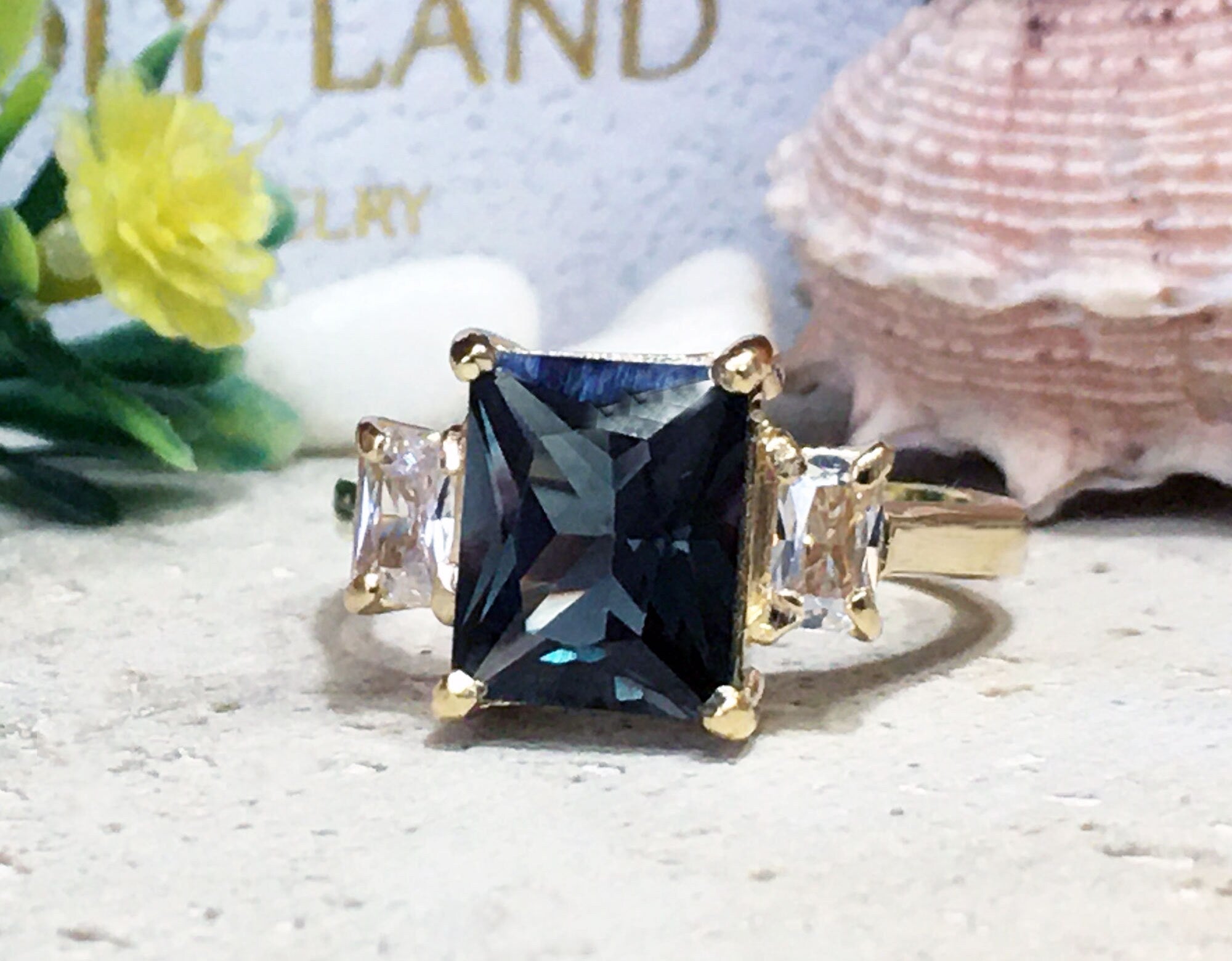 Green Tourmaline Ring - Statement Engagement Ring with Emerald-Cut Green Tourmaline Gemstone and Clear Quartz Accents - H.L.Jewelry