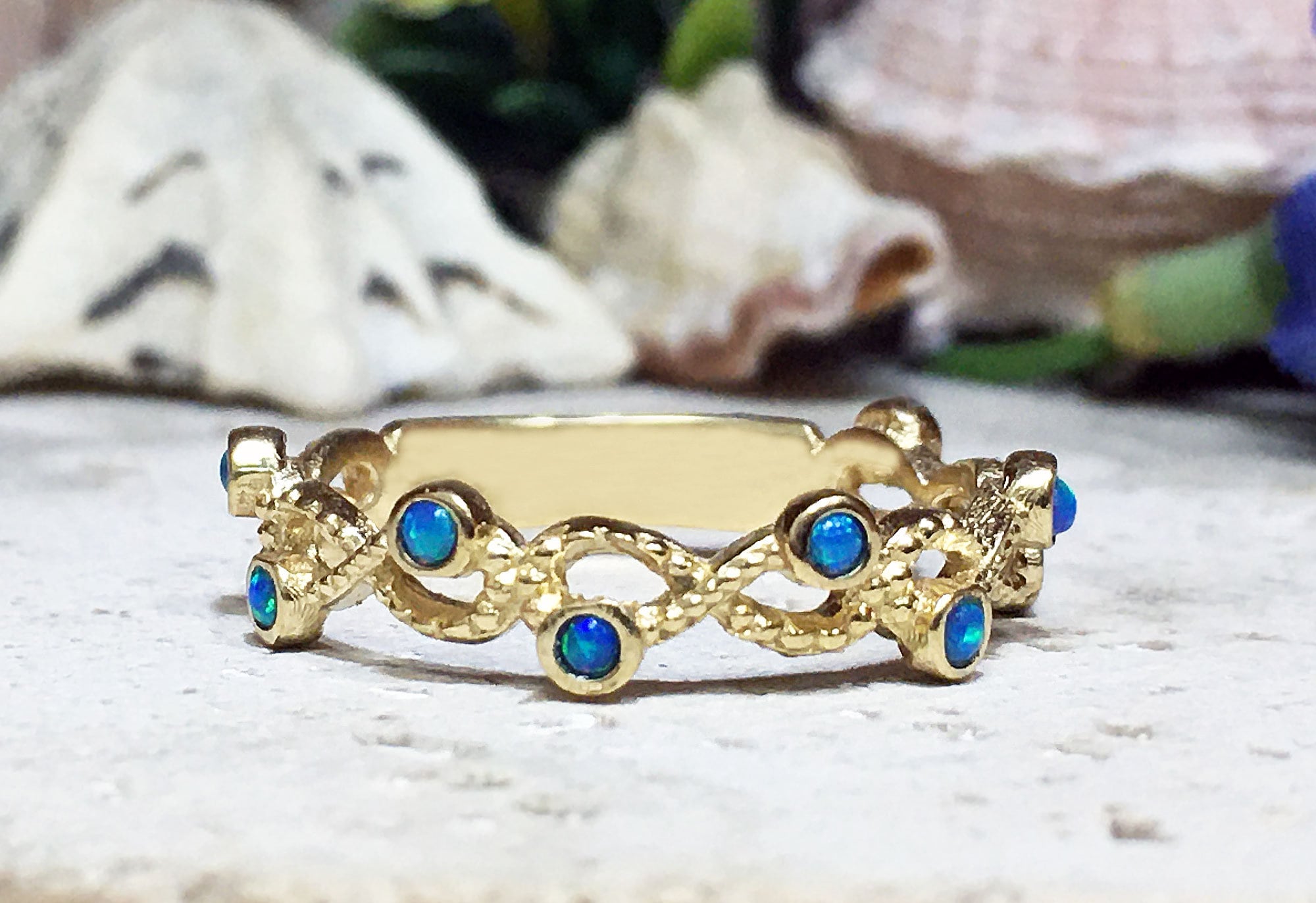 Blue Opal Ring - October Birthstone - Infinity Ring with Ten Small Round Blue Opal Gemstones - H.L.Jewelry