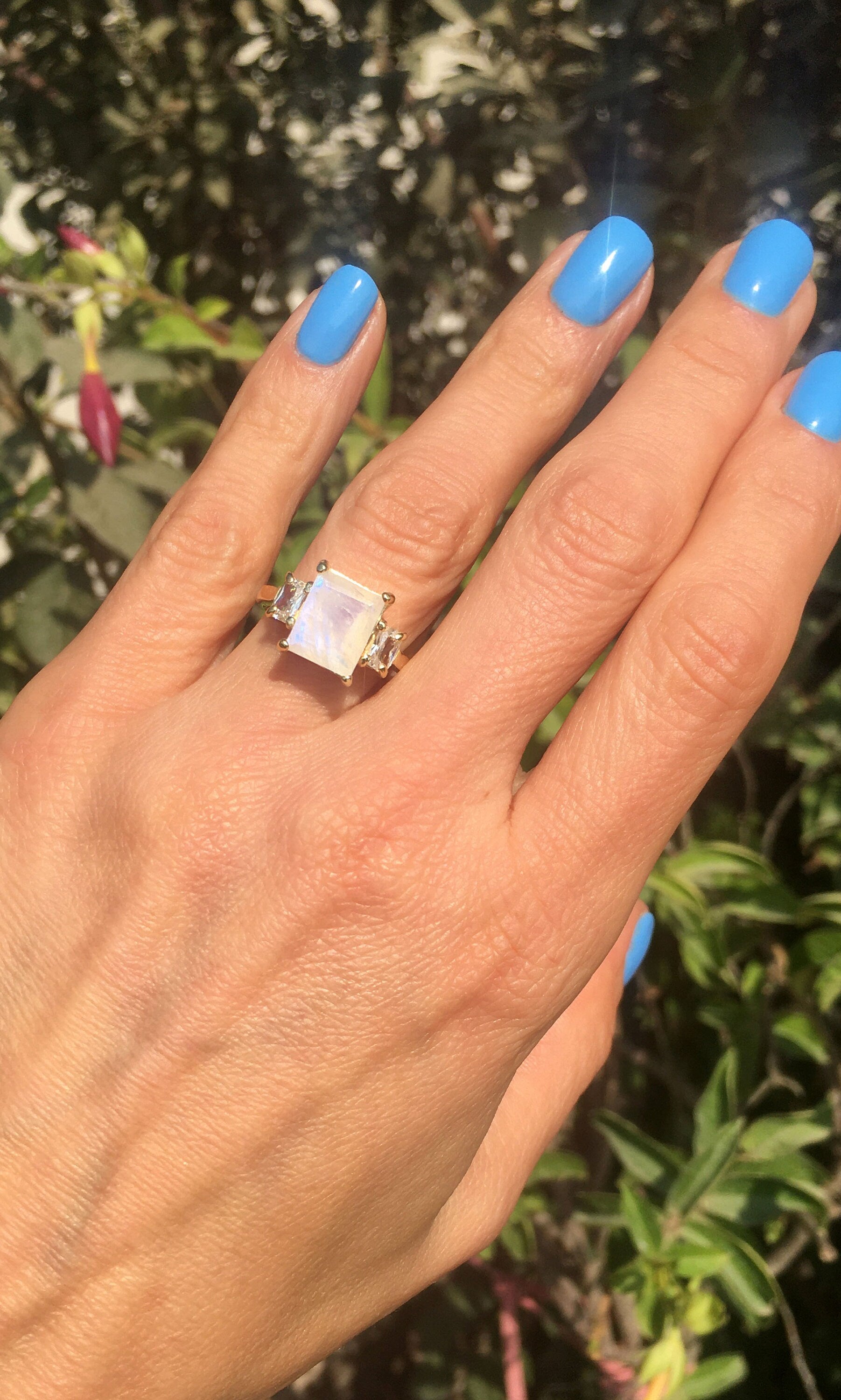 Rainbow Moonstone Ring - June Birthstone - Octagon Rainbow Moonstone Statement Engagement Ring with Clear Quartz Accents - H.L.Jewelry