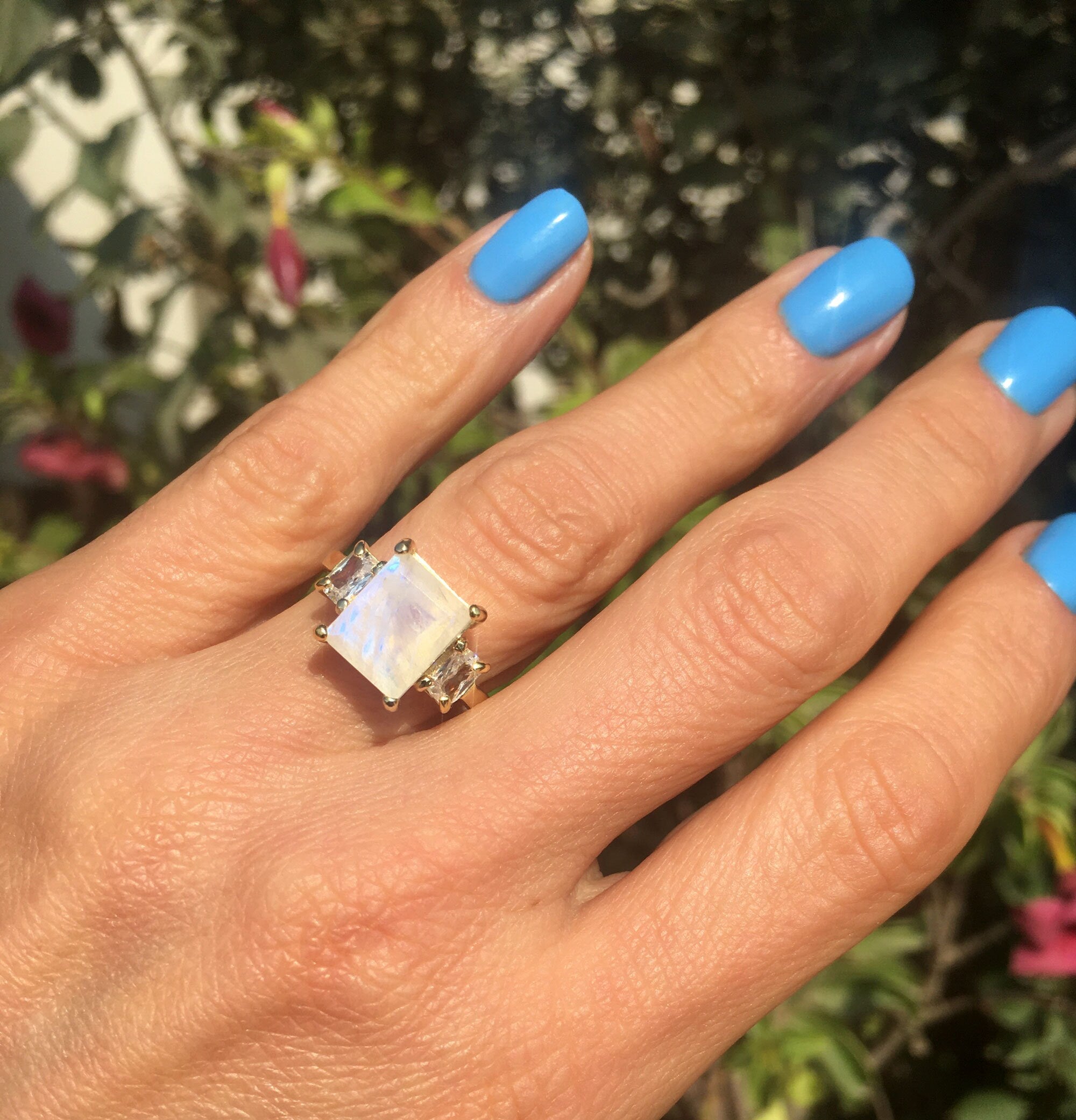 Rainbow Moonstone Ring - June Birthstone - Octagon Rainbow Moonstone Statement Engagement Ring with Clear Quartz Accents - H.L.Jewelry