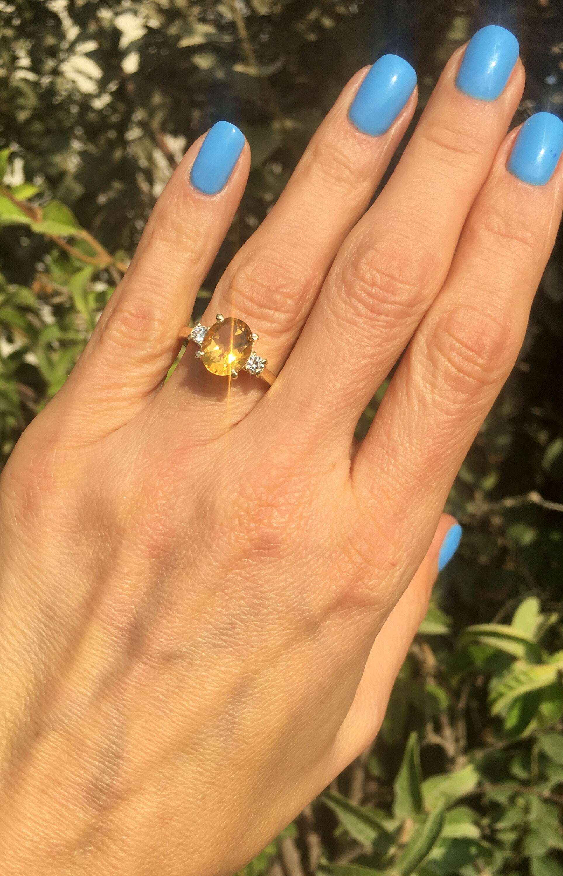 Citrine ring - November Birthstone - Oval Citrine Gemstone Statement Engagement Ring with Clear Quartz Accents - H.L.Jewelry